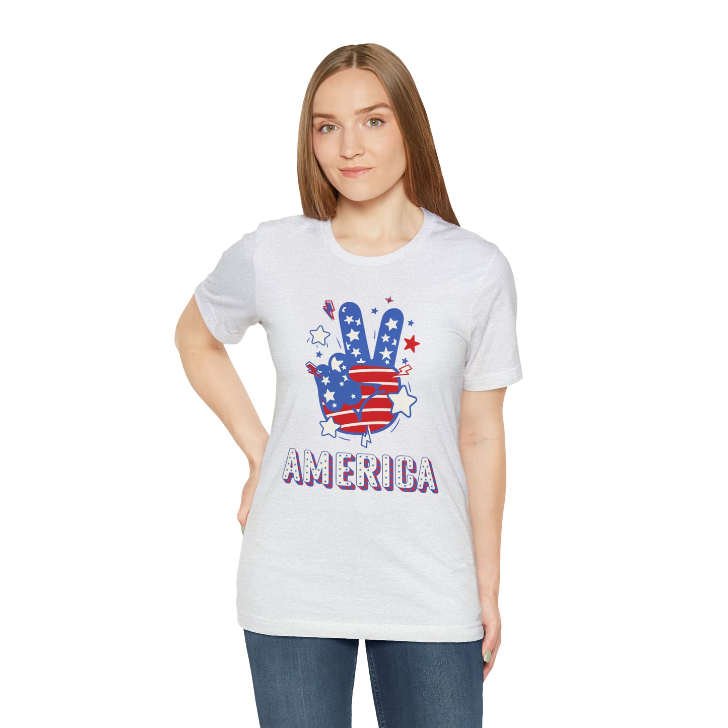 America USA Stars Peace Sign with Hands Unisex Jersey Short Sleeve Tee