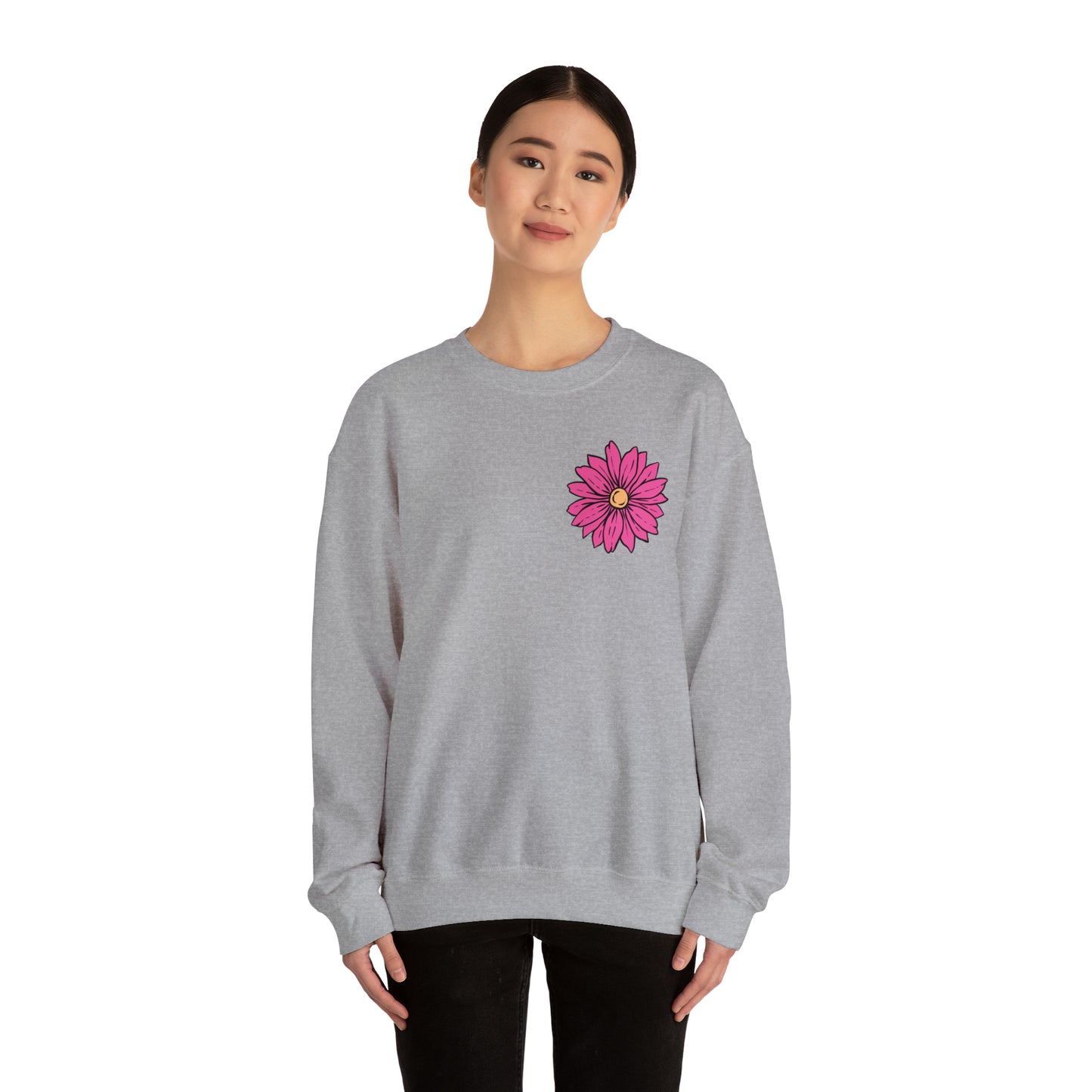 FRONT AND BACK DESIGN Positive Energy (Flower on Front and Message on Back) Font Heavy Blend™ Crewneck Sweatshirt