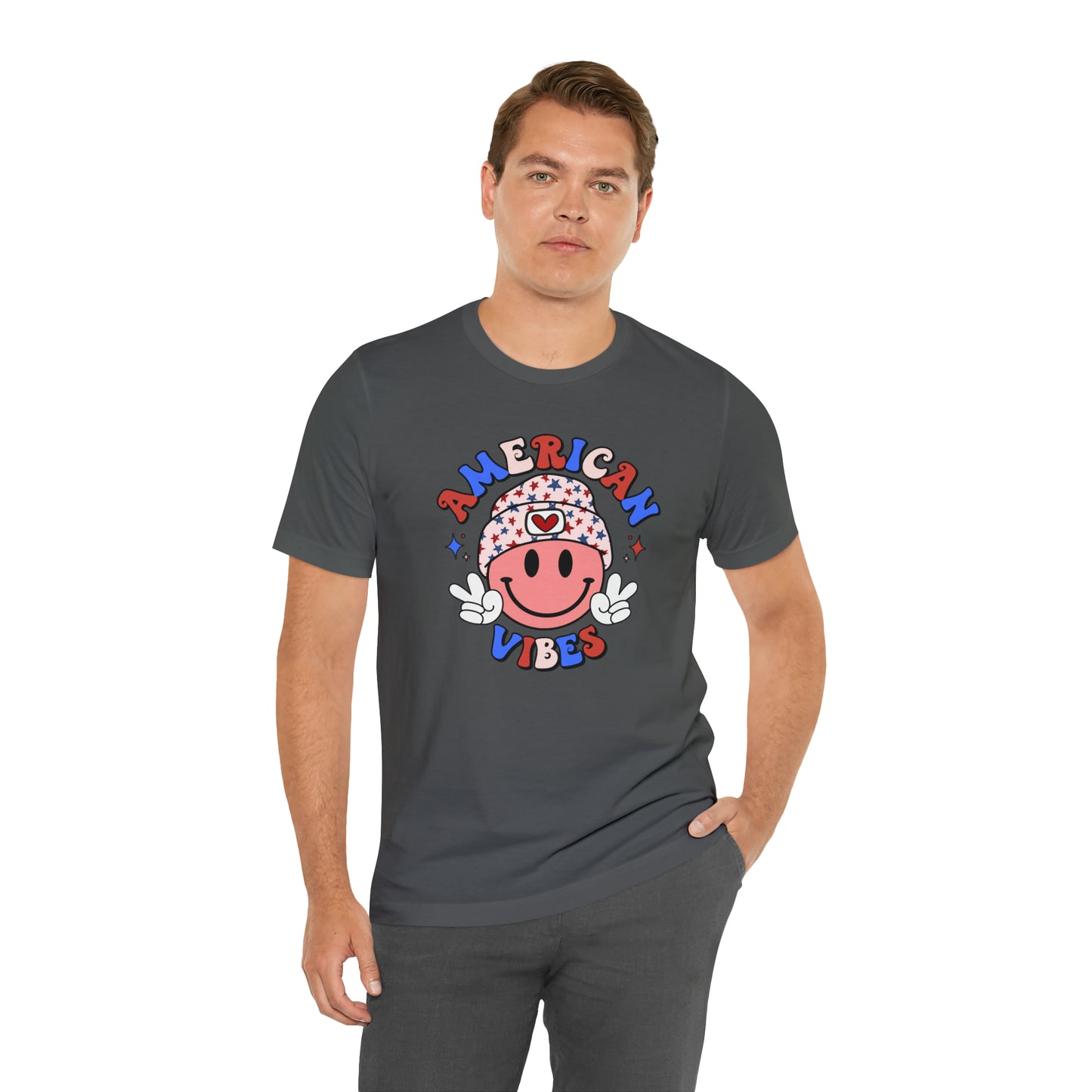 American Vibes USA Smiley Face with Stars Beanie with two hand peace signs Unisex Jersey Short Sleeve Tee