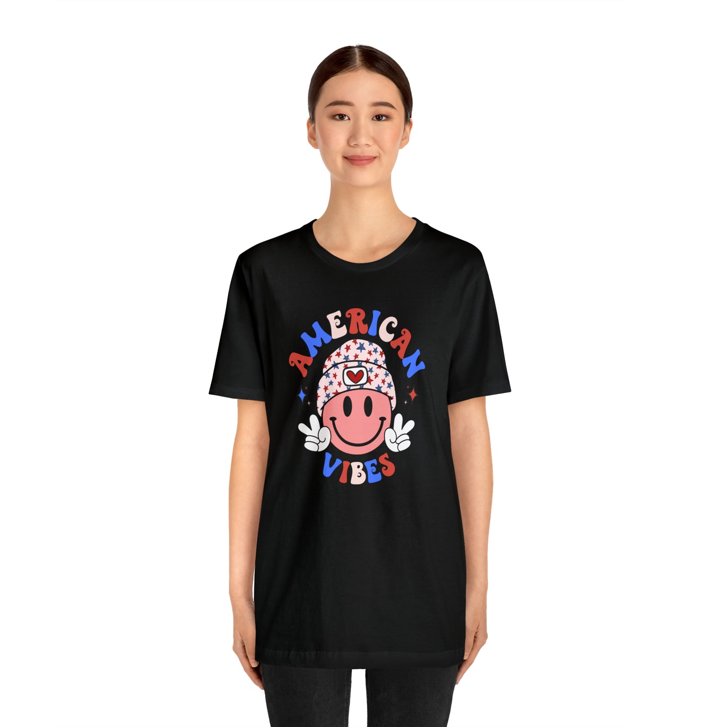 American Vibes USA Smiley Face with Stars Beanie with two hand peace signs Unisex Jersey Short Sleeve Tee