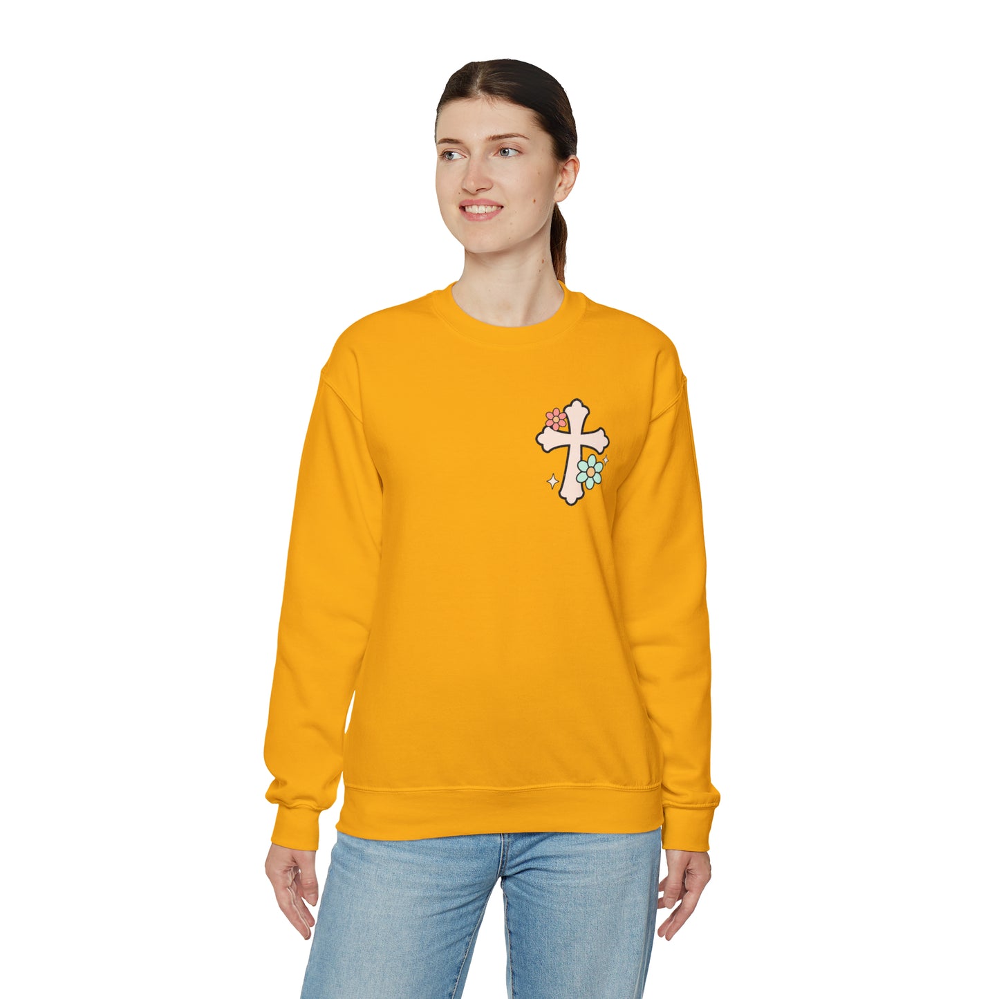 Vintage Grow in Grace with Cross Boho Color Print -  Front and Back Design Heavy Blend™ Crewneck Sweatshirt