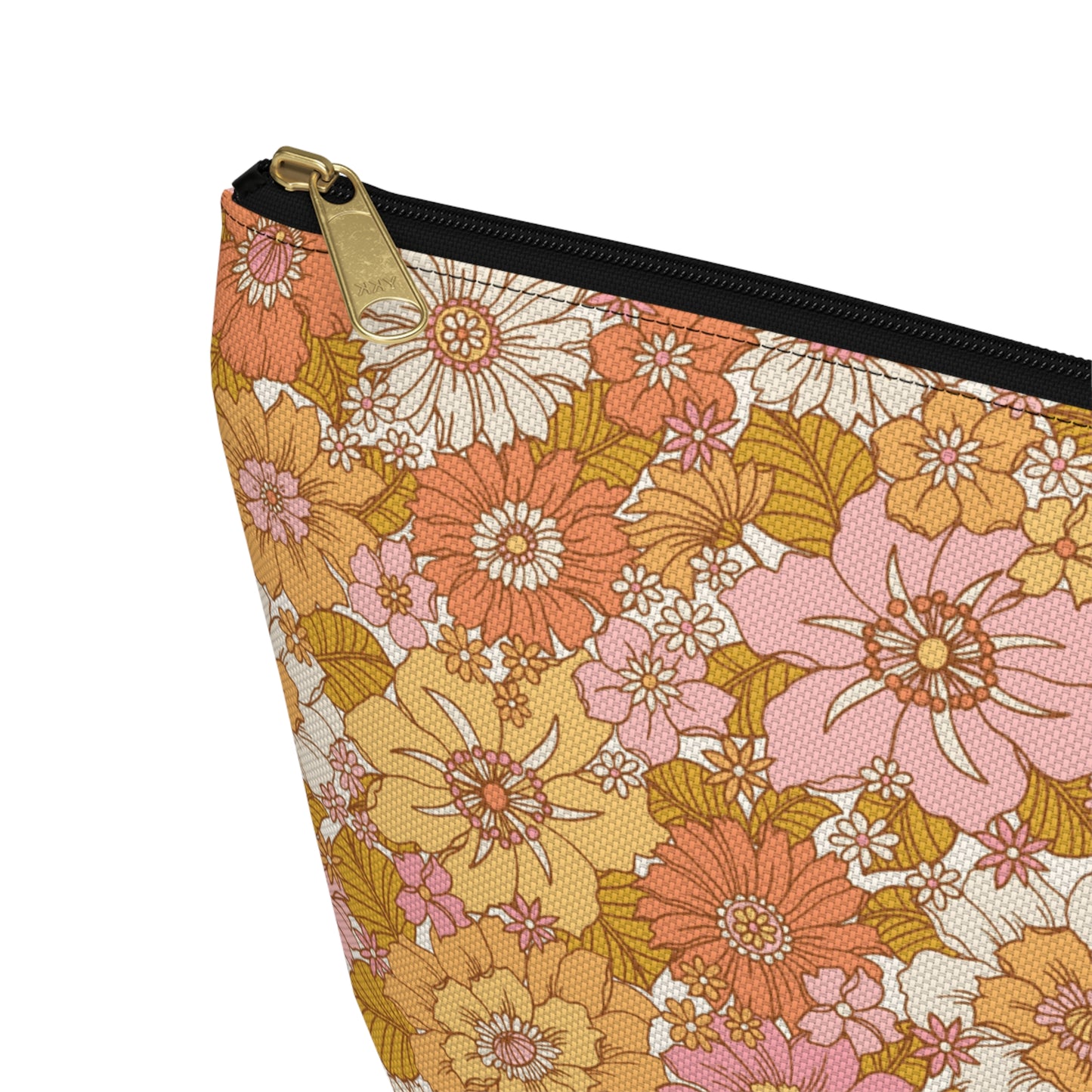 Peachy Golden Retro Floral Print Design Accessory Pouch w T-bottom