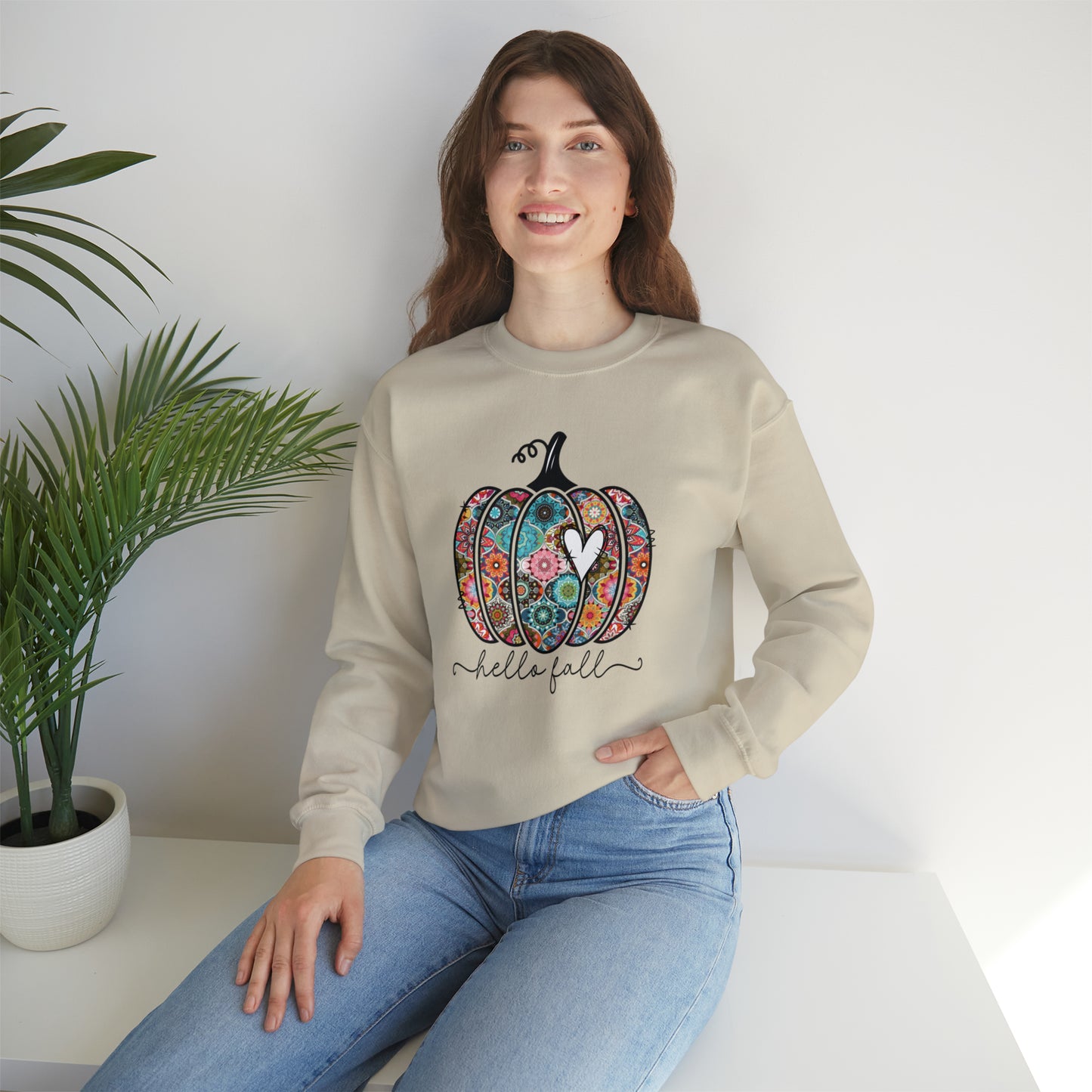 Hello Fall Print Pumpkin Fall Halloween Retro Warm Colored  Unisex Heavy Blend™ Crewneck Sweatshirt