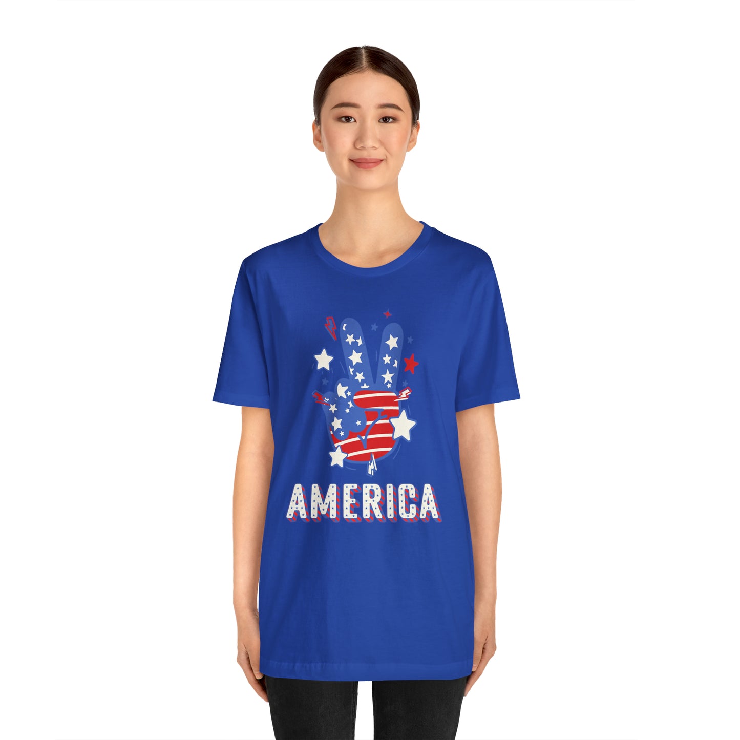 America USA Stars Peace Sign with Hands Unisex Jersey Short Sleeve Tee