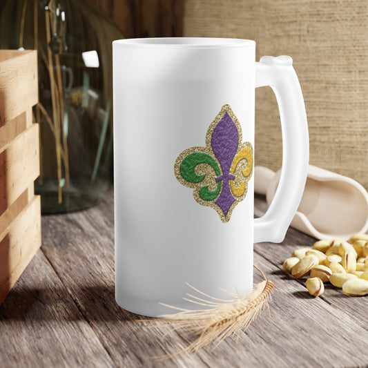 Fleur de Lis Mardi Gras Frosted Glass Beer Mug