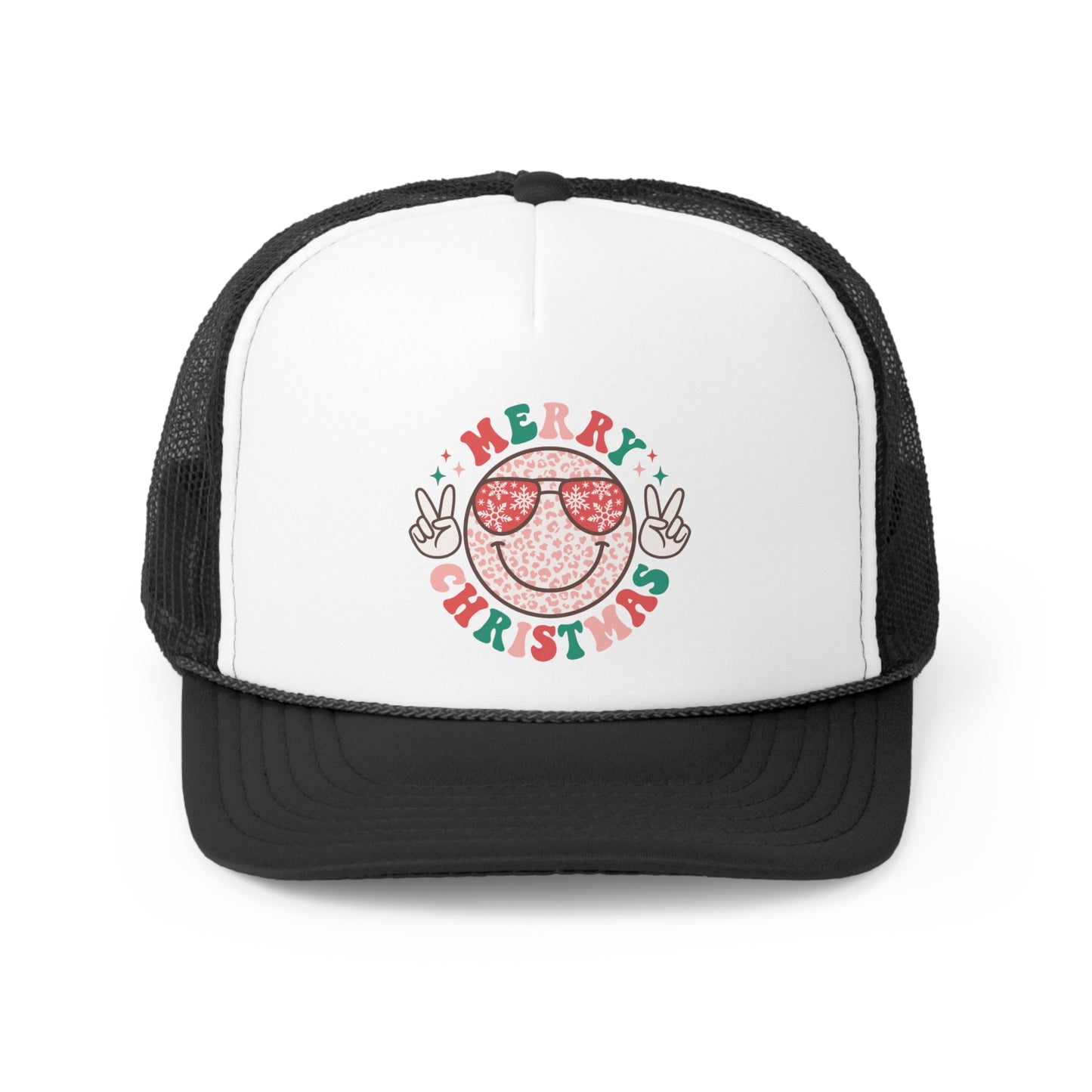 Merry Christmas Smiley Face with Peace Sign Hands Holiday Tall Trucker Caps