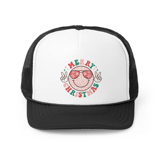 Merry Christmas Smiley Face with Peace Sign Hands Holiday Tall Trucker Caps