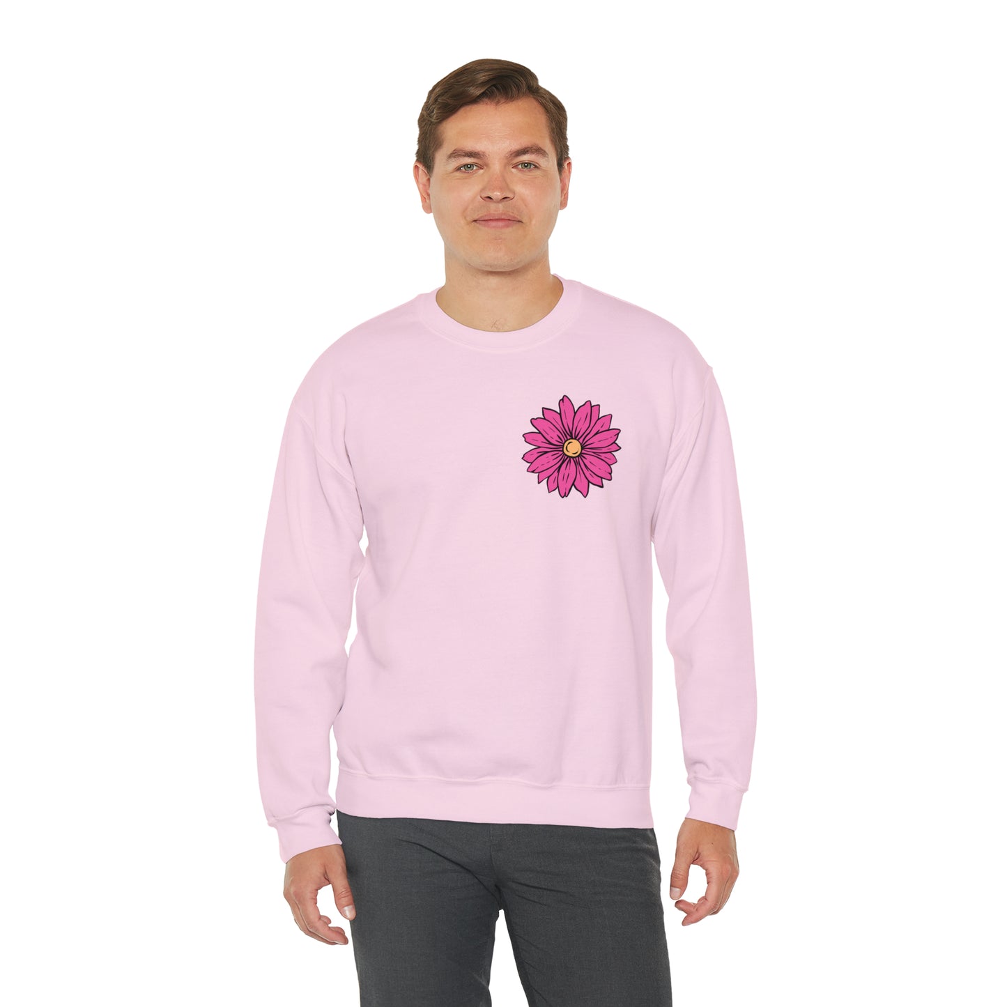 FRONT AND BACK DESIGN Positive Energy (Flower on Front and Message on Back) Font Heavy Blend™ Crewneck Sweatshirt