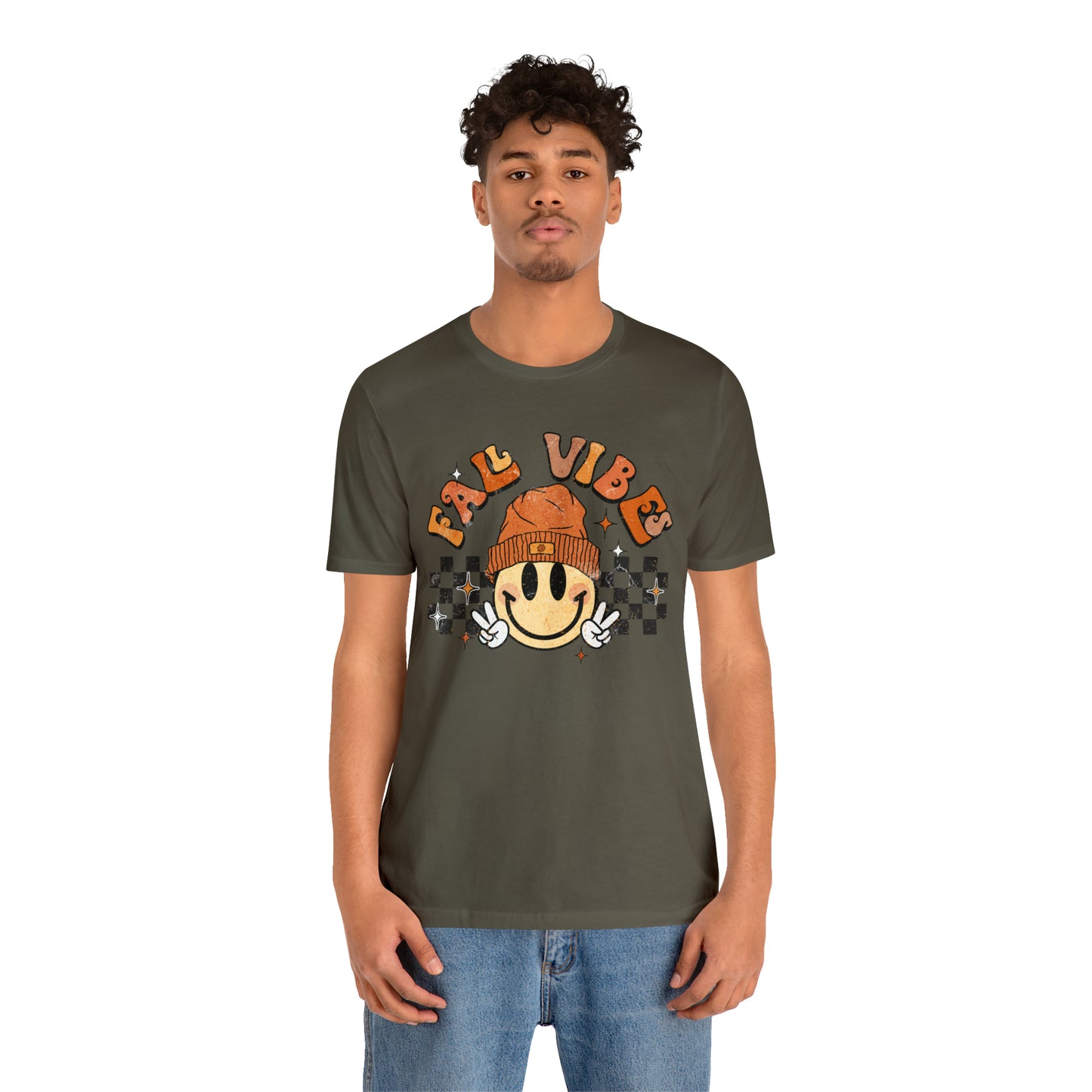 Distressed Halloween Fall Vibes Smiley Face with Beanie and Peace Sign T-Shirt