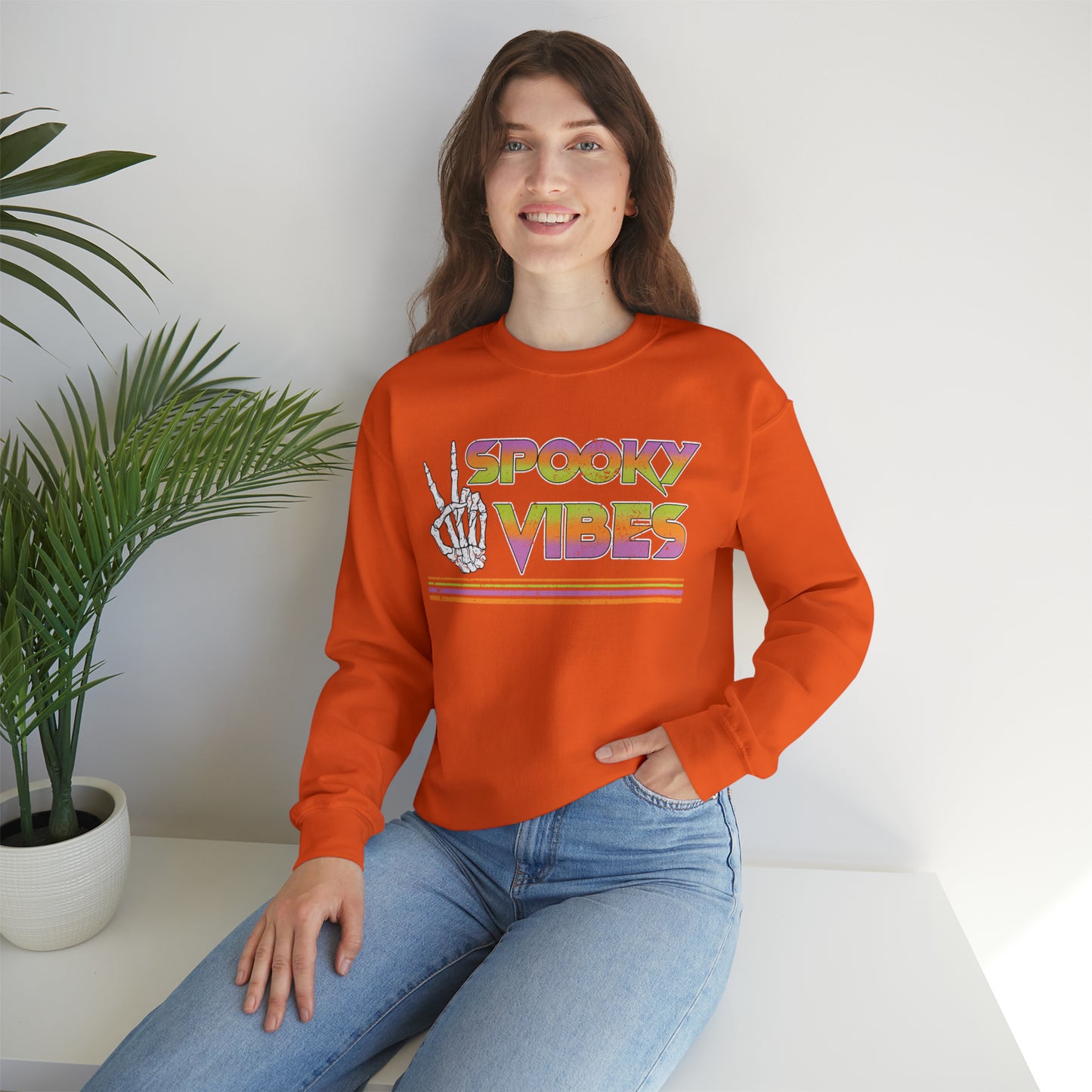 Spooky 80's Vibes Vintage Skeleton Piece Sign Fall Halloween  Unisex Heavy Blend™ Crewneck Sweatshirt