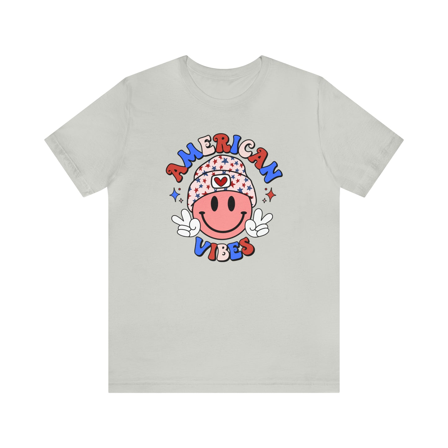 American Vibes USA Smiley Face with Stars Beanie with two hand peace signs Unisex Jersey Short Sleeve Tee