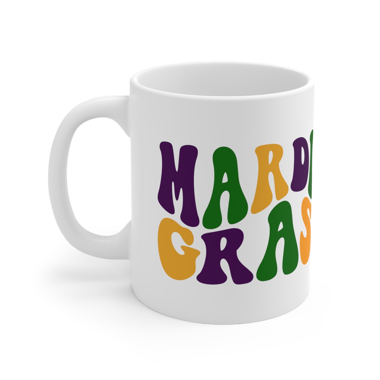 Mardi Gras Wave Font Ceramic Mug 11oz - White