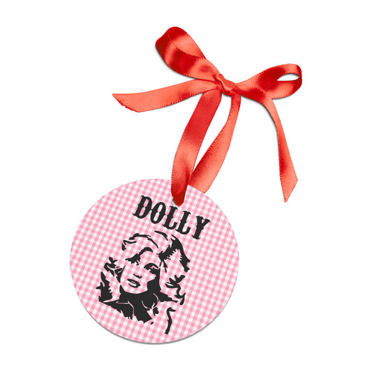 Dolly Portrait Pink Checkerboard Ornament with Ribbon