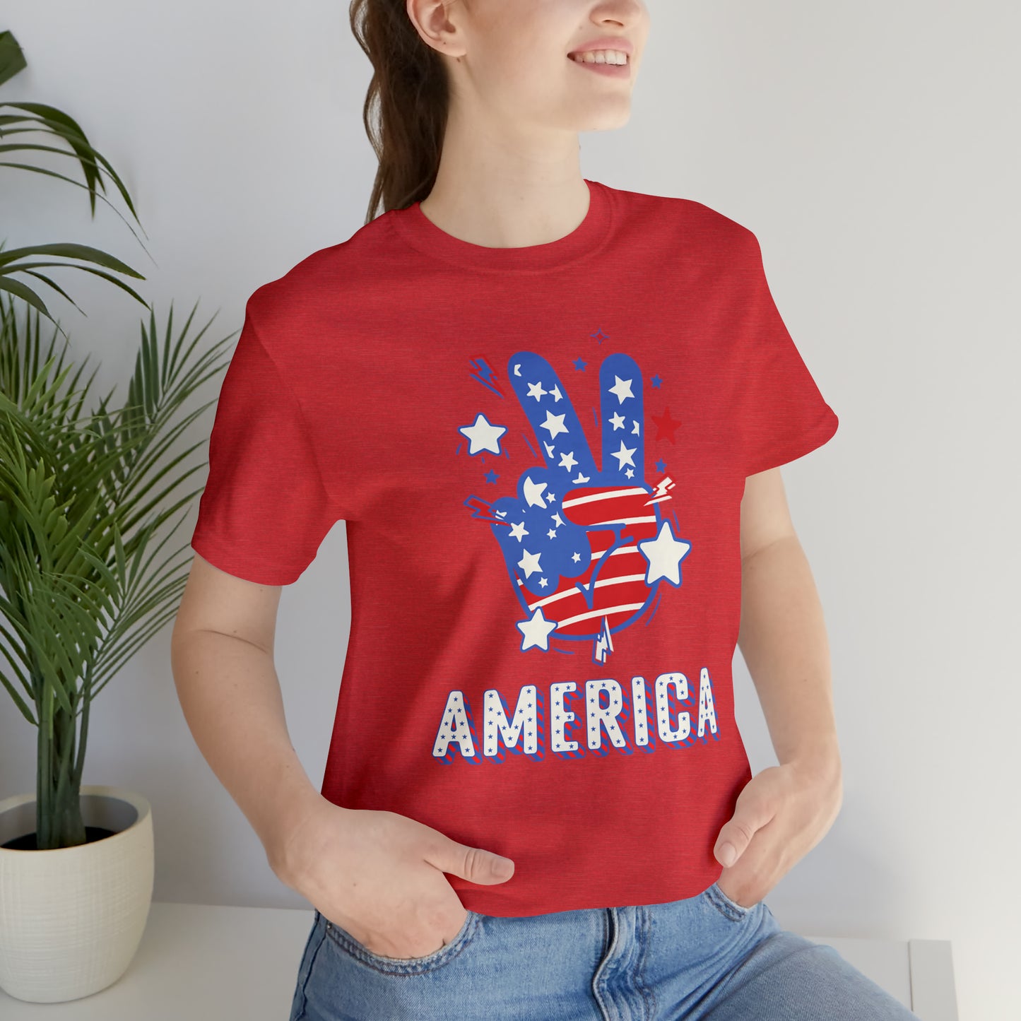 America USA Stars Peace Sign with Hands Unisex Jersey Short Sleeve Tee