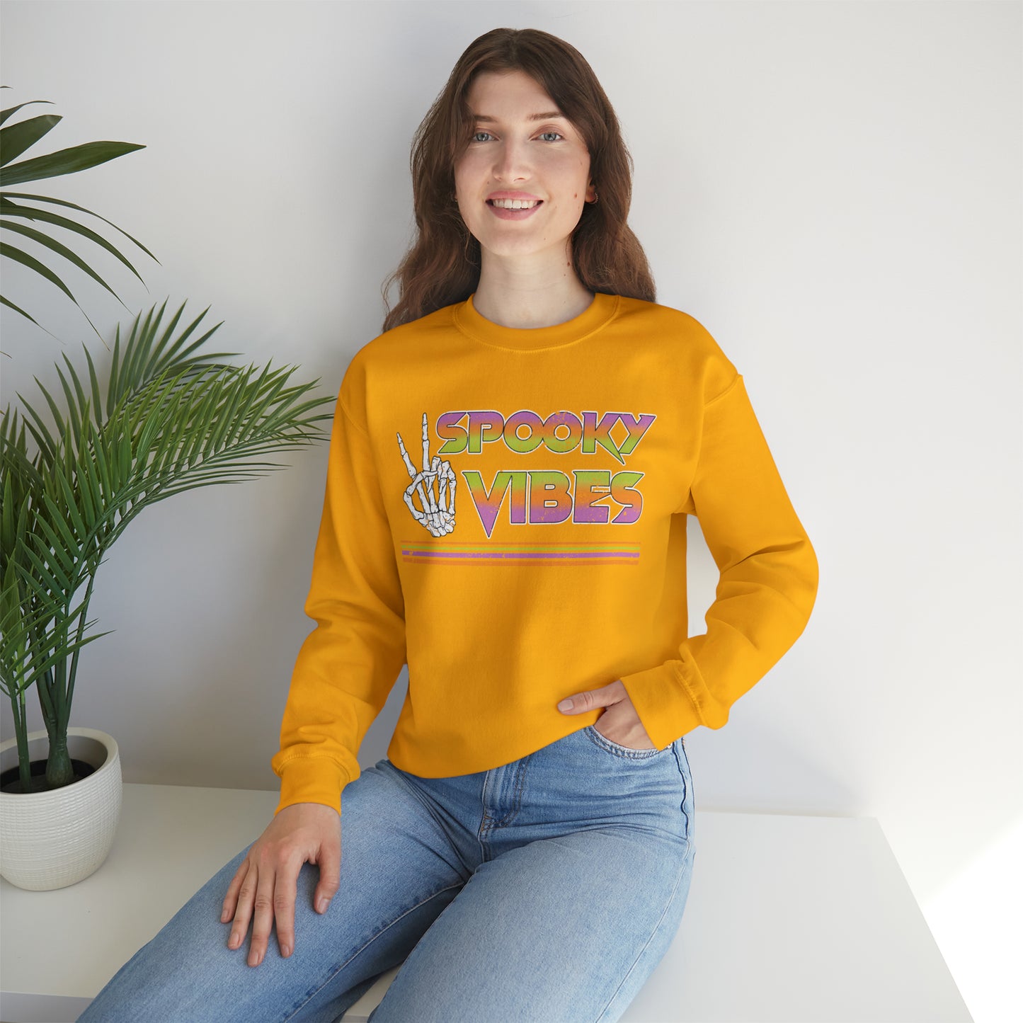 Spooky 80's Vibes Vintage Skeleton Piece Sign Fall Halloween  Unisex Heavy Blend™ Crewneck Sweatshirt