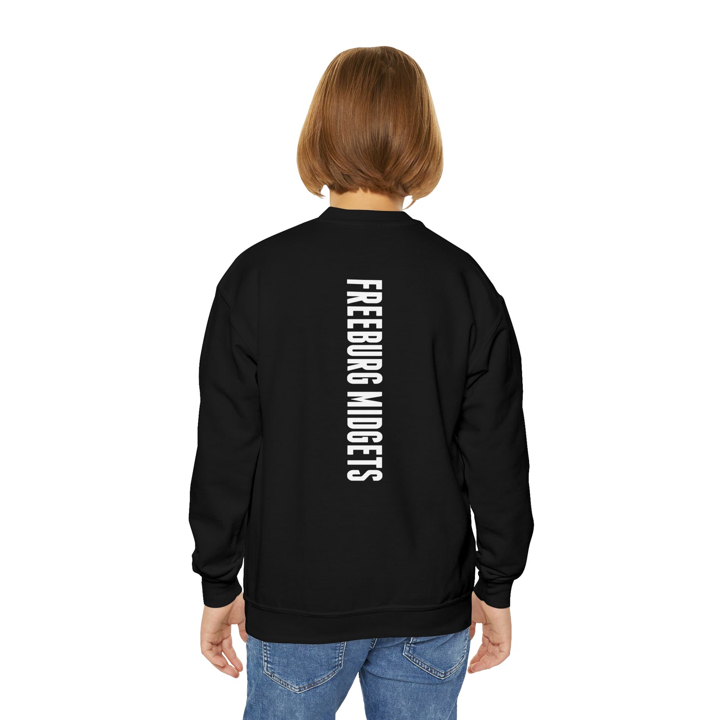 YOUTH - Front to Back Design - Varsity F Vertical Freeburg Midgets Logo Youth Crewneck Sweatshirt