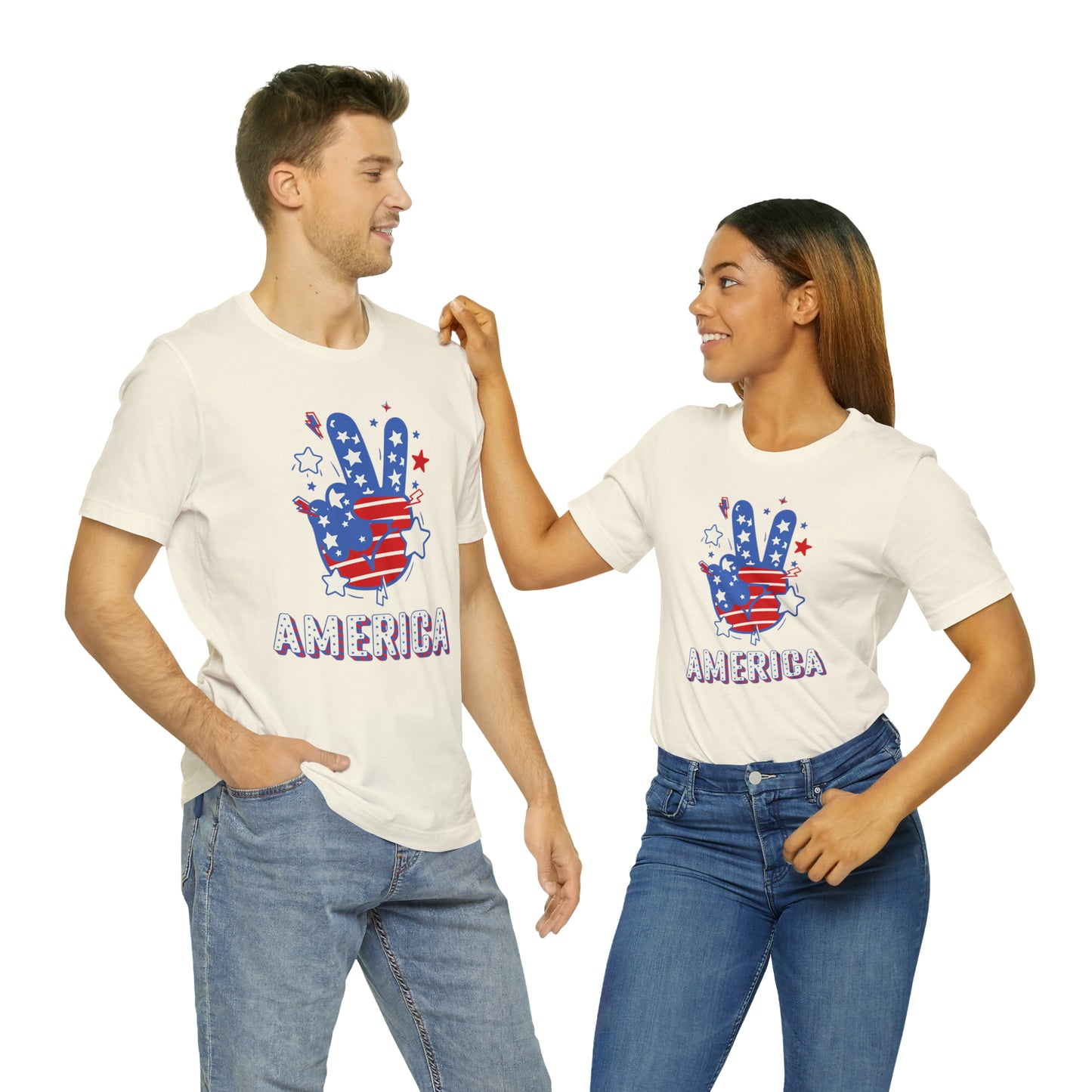 America USA Stars Peace Sign with Hands Unisex Jersey Short Sleeve Tee