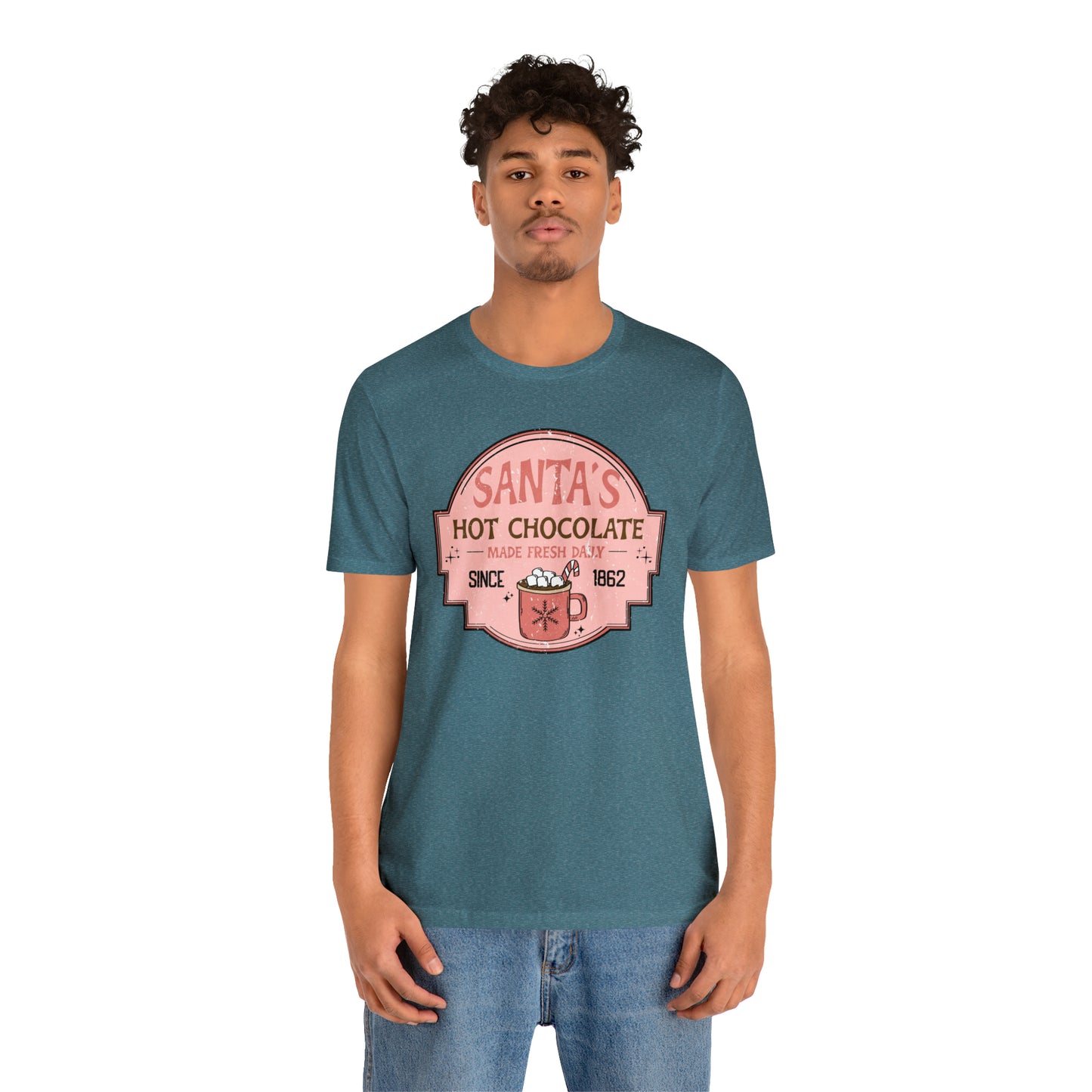 Santa's Hot Chocolate Pink Christmas/ Holiday Bella Jersey Short Sleeve Tee (Unisex)