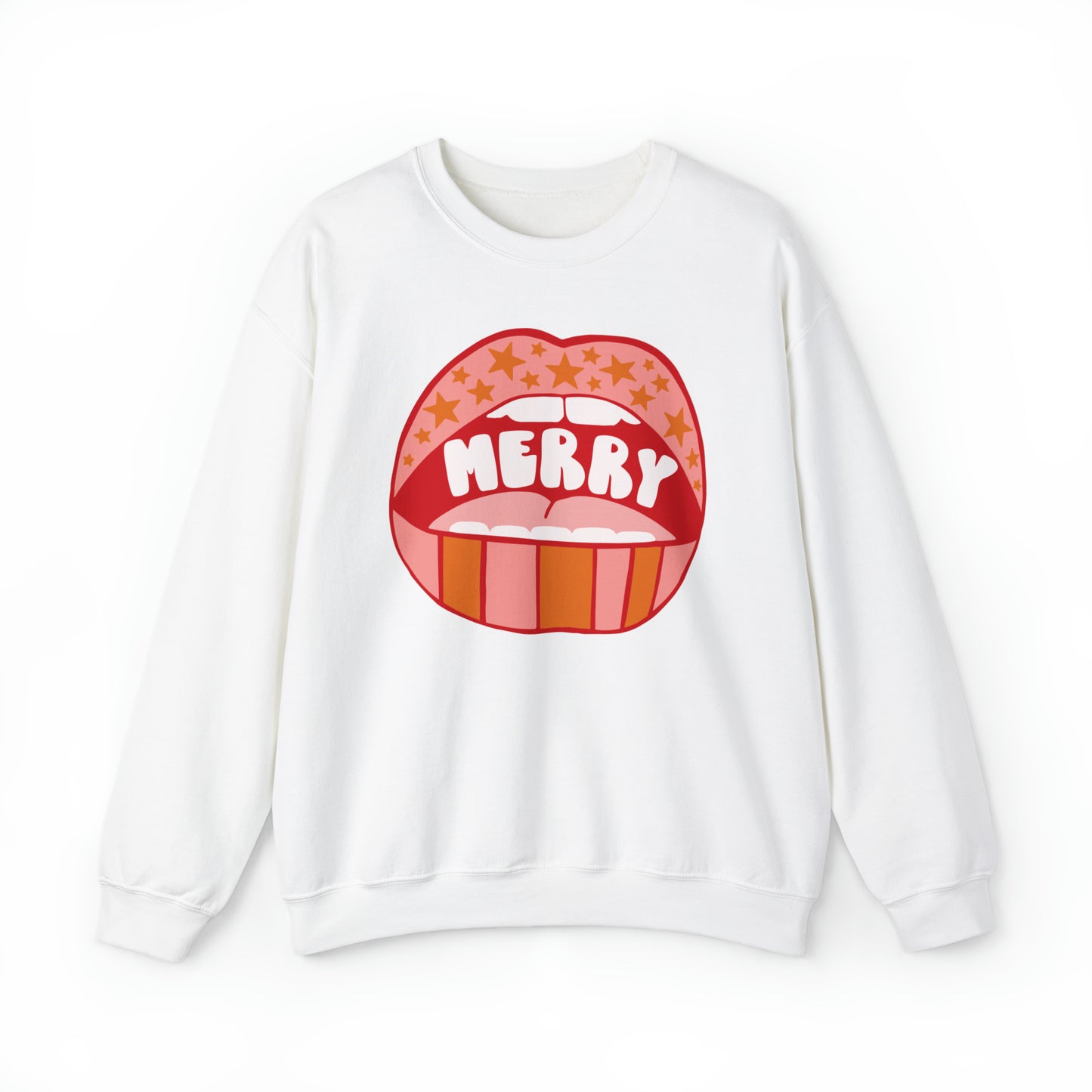 Christmas Holiday Merry Lips Stripes and Stars Unisex Heavy Blend™ Crewneck Sweatshirt