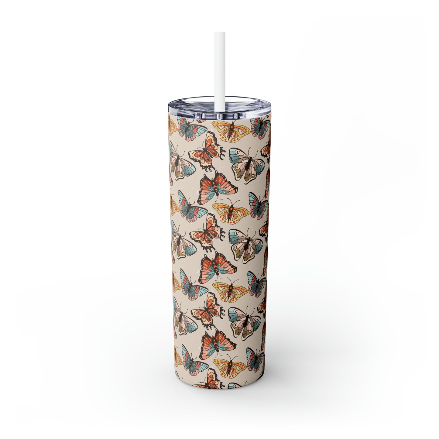 Boho Butterfly Brown Skinny Tumbler with Straw, 20oz