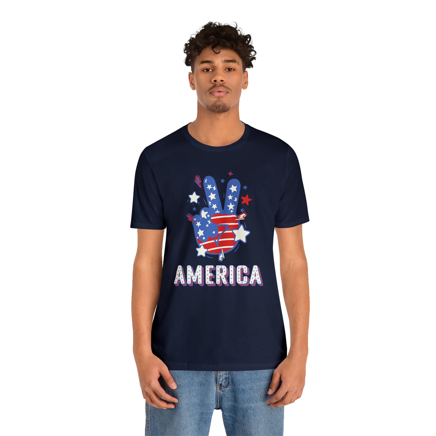 America USA Stars Peace Sign with Hands Unisex Jersey Short Sleeve Tee