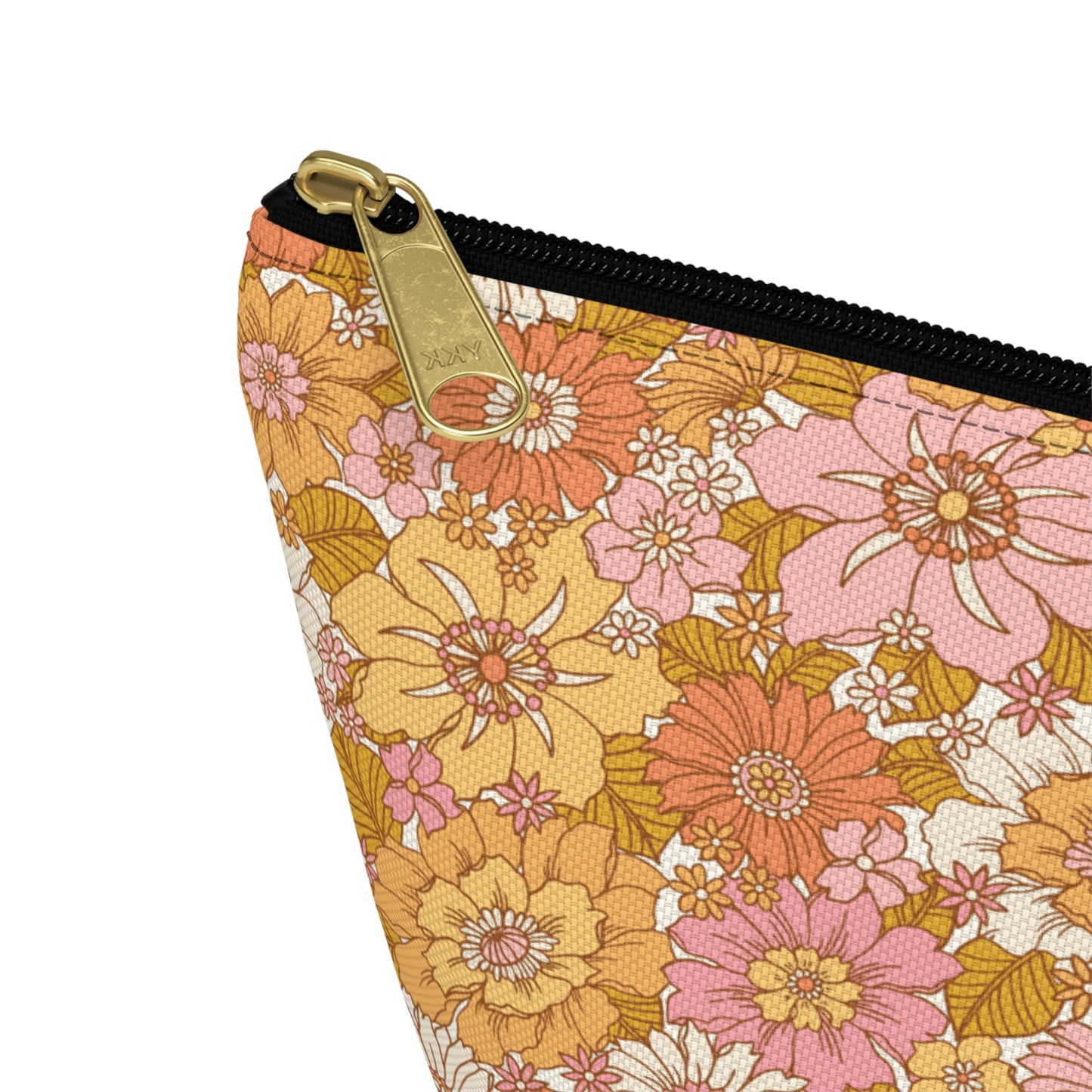 Peachy Golden Retro Floral Print Design Accessory Pouch w T-bottom