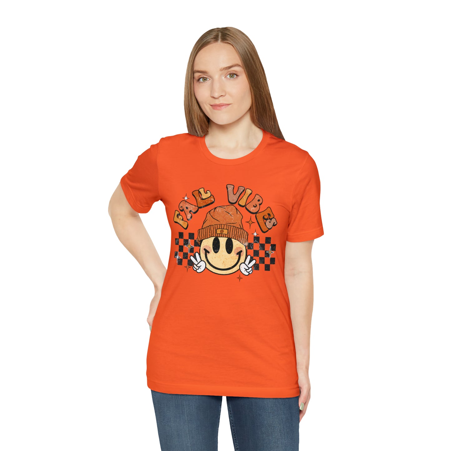 Distressed Halloween Fall Vibes Smiley Face with Beanie and Peace Sign T-Shirt