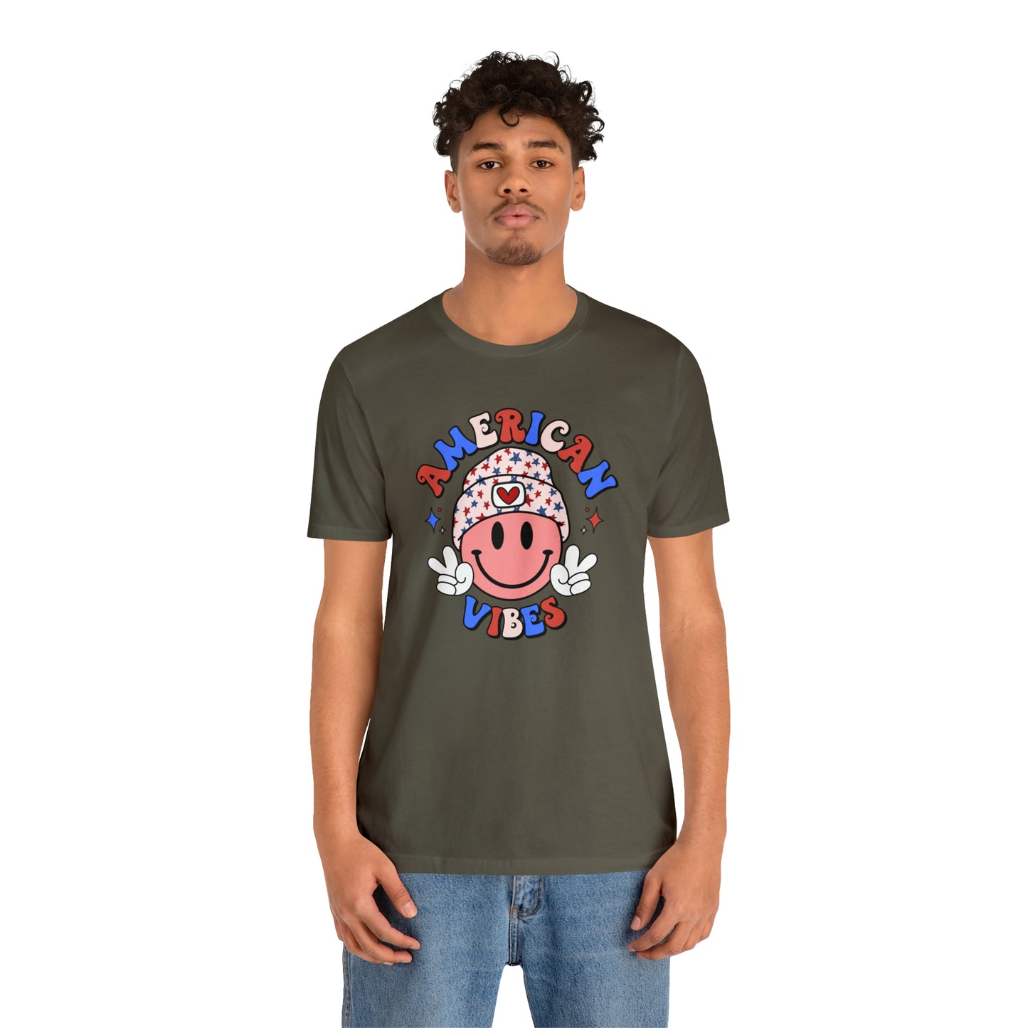 American Vibes USA Smiley Face with Stars Beanie with two hand peace signs Unisex Jersey Short Sleeve Tee