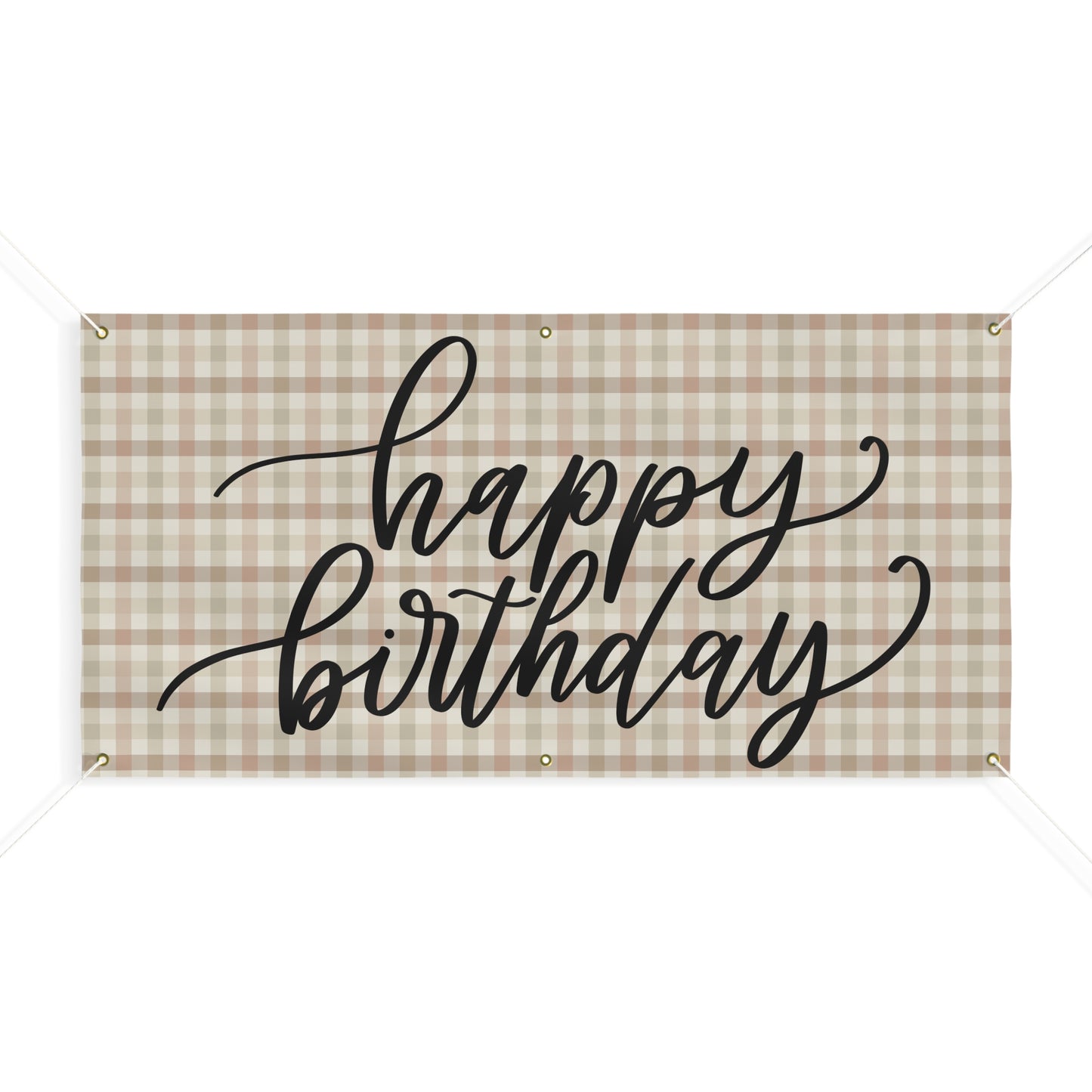 Boho Plaid Cream Cursive Happy Birthday Matte Banner - Pink