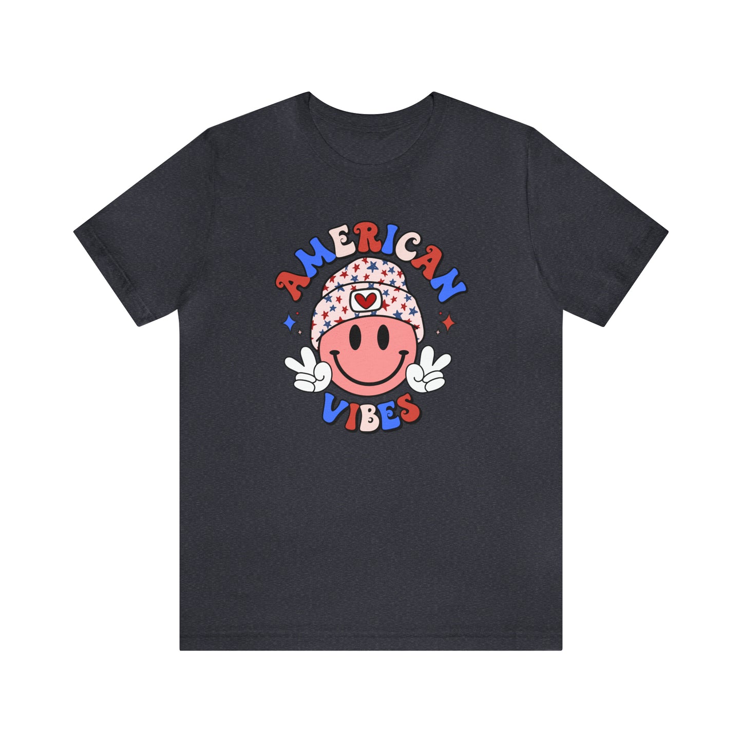 American Vibes USA Smiley Face with Stars Beanie with two hand peace signs Unisex Jersey Short Sleeve Tee