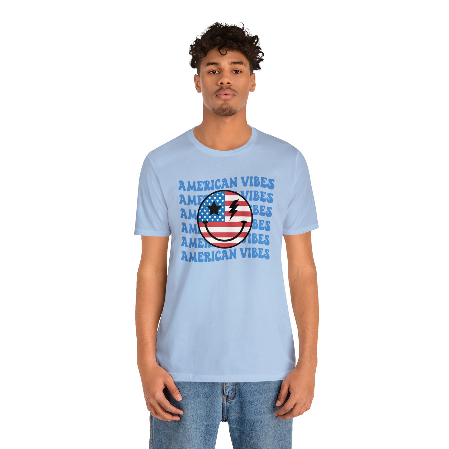 USA American Vibes American Flag Smiley Face Unisex Jersey Short Sleeve Tee