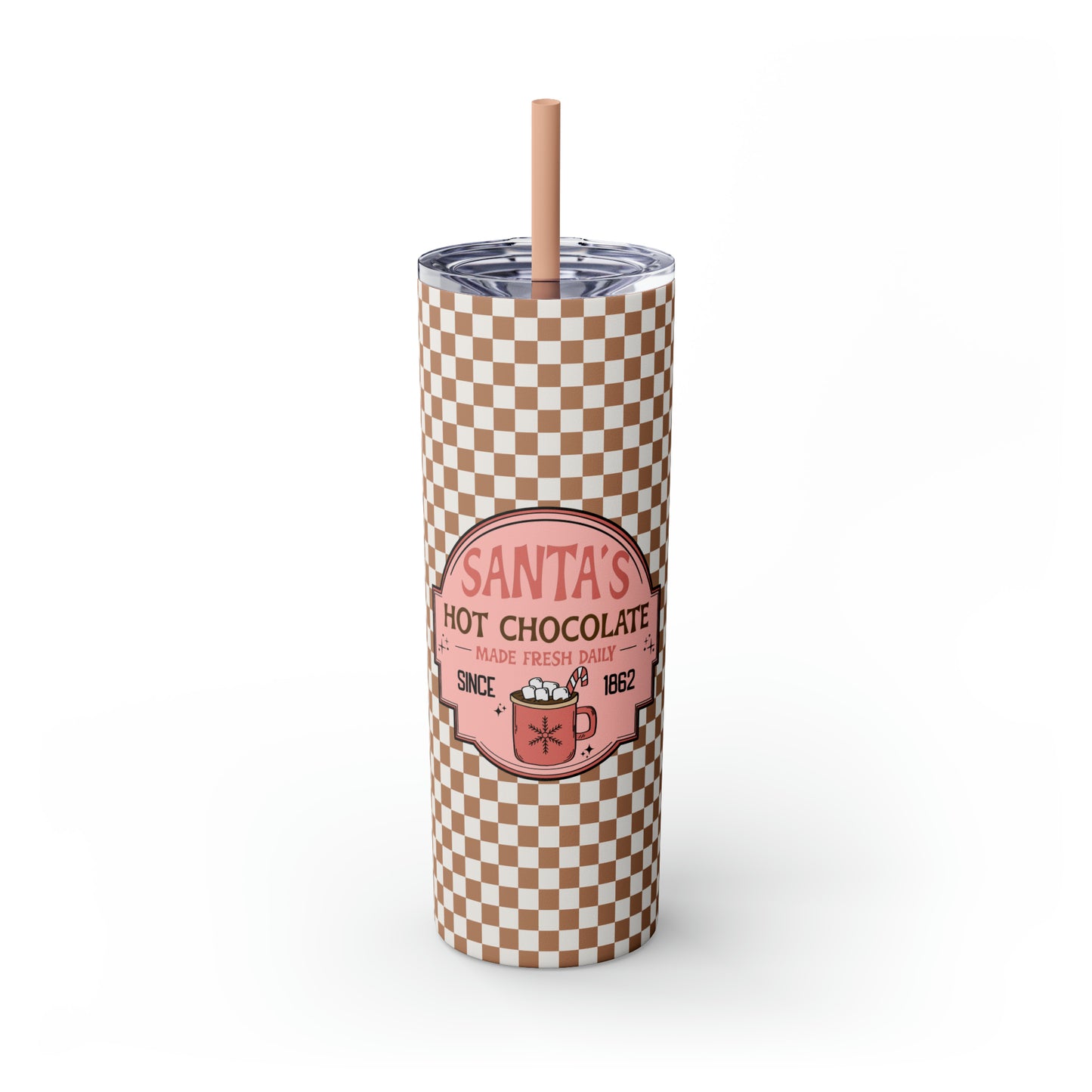 Santa's Hot Chocolate Brown Checkerboard Christmas/ Holiday Skinny Tumbler with Pick your Color Straw, 20oz