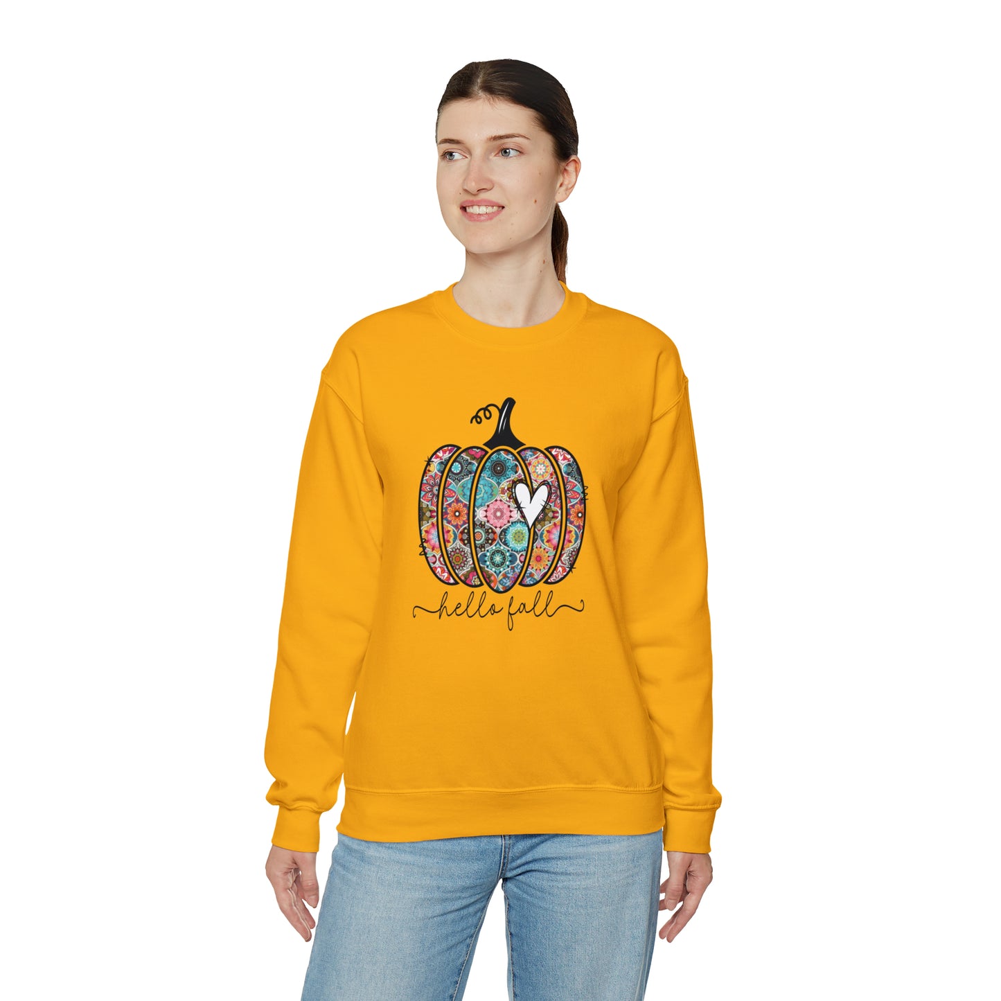 Hello Fall Print Pumpkin Fall Halloween Retro Warm Colored  Unisex Heavy Blend™ Crewneck Sweatshirt