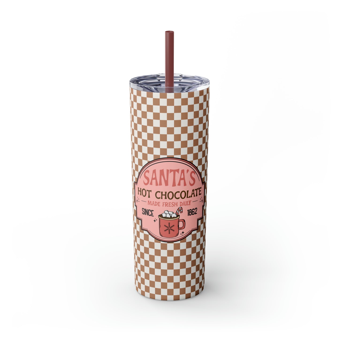 Santa's Hot Chocolate Brown Checkerboard Christmas/ Holiday Skinny Tumbler with Pick your Color Straw, 20oz