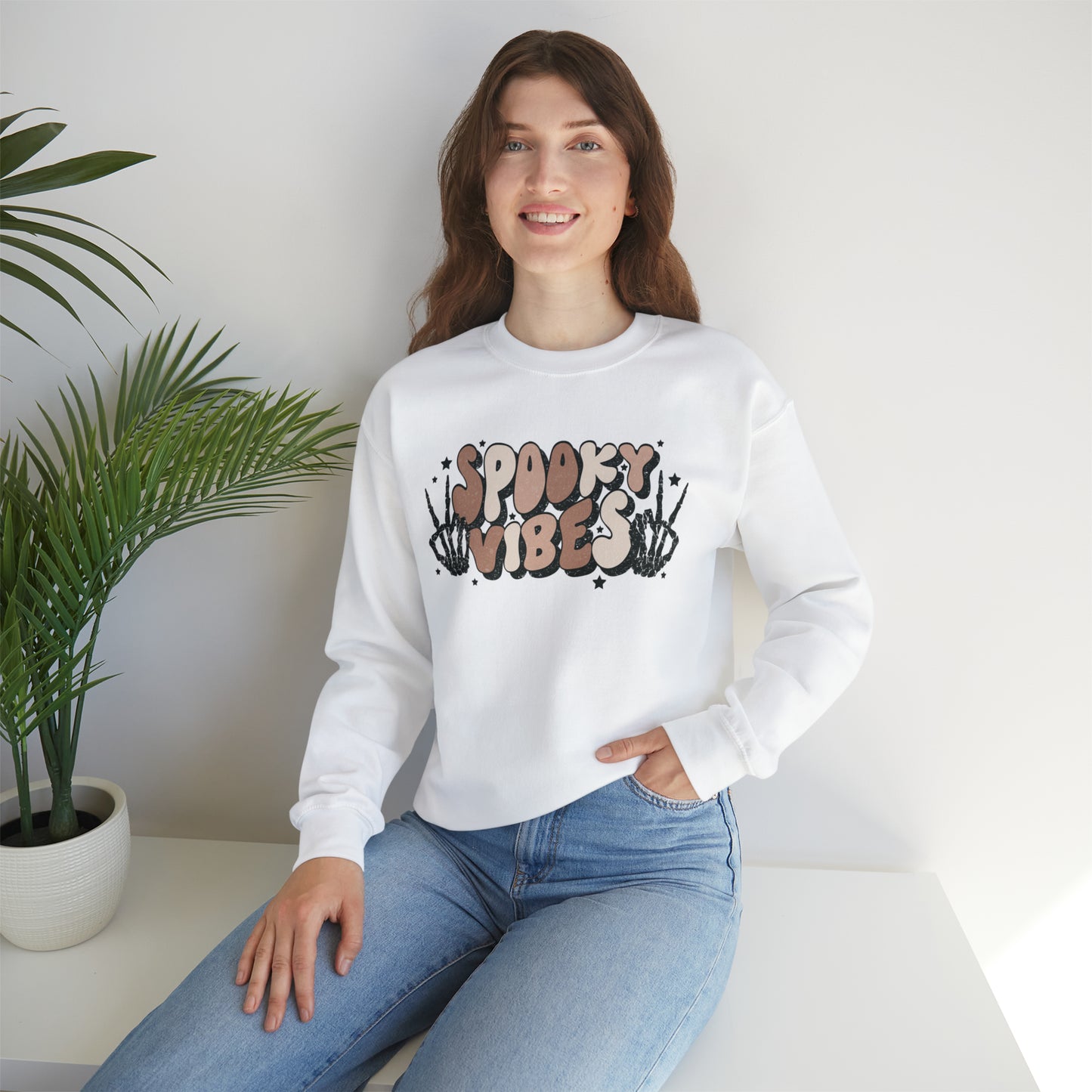 Spooky Vibes Skeleton Hands Fall Halloween Retro Warm Colored  Unisex Heavy Blend™ Crewneck Sweatshirt