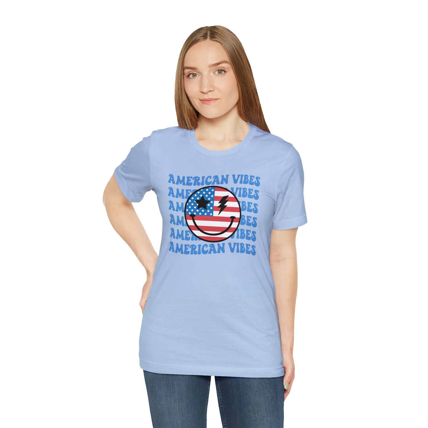 USA American Vibes American Flag Smiley Face Unisex Jersey Short Sleeve Tee