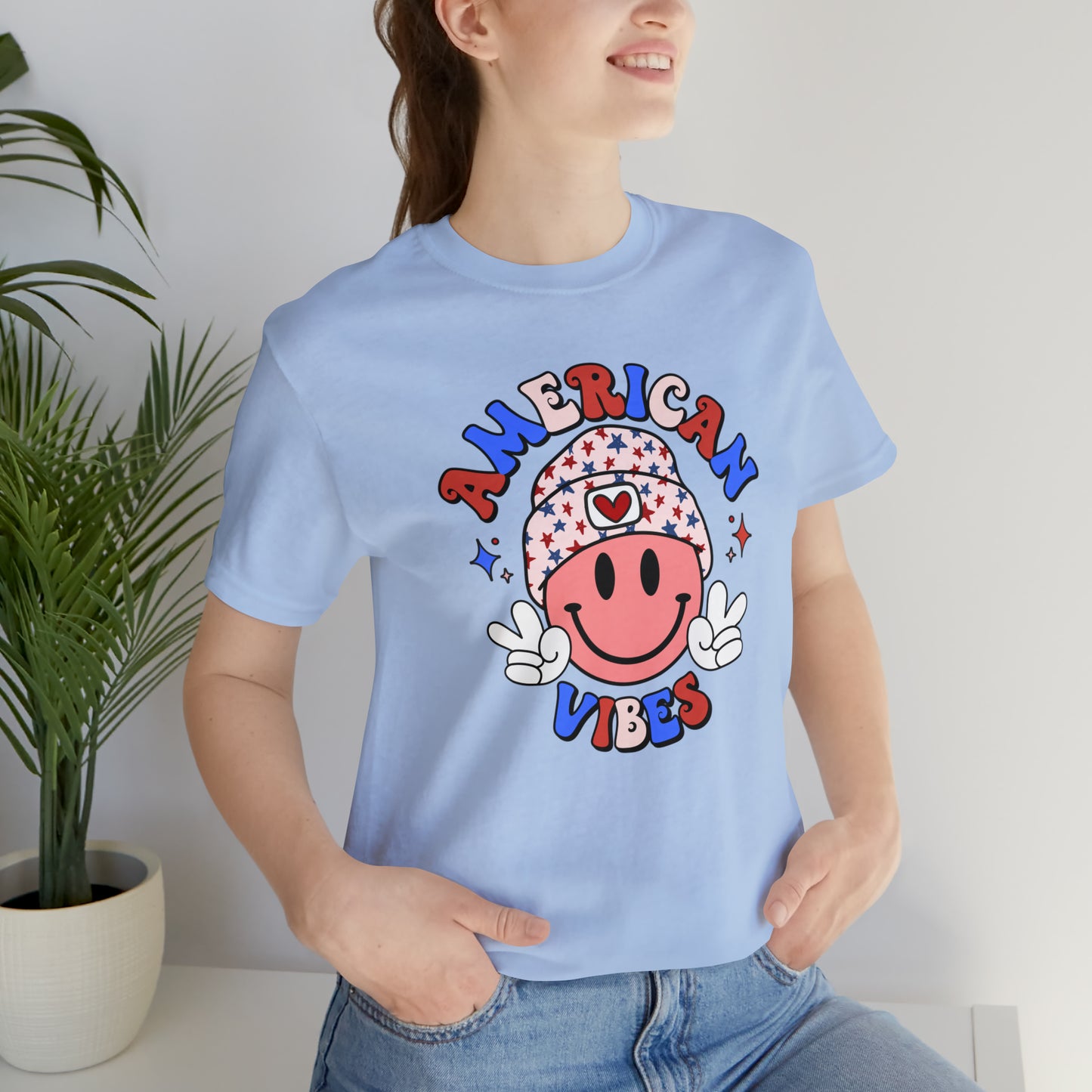 American Vibes USA Smiley Face with Stars Beanie with two hand peace signs Unisex Jersey Short Sleeve Tee