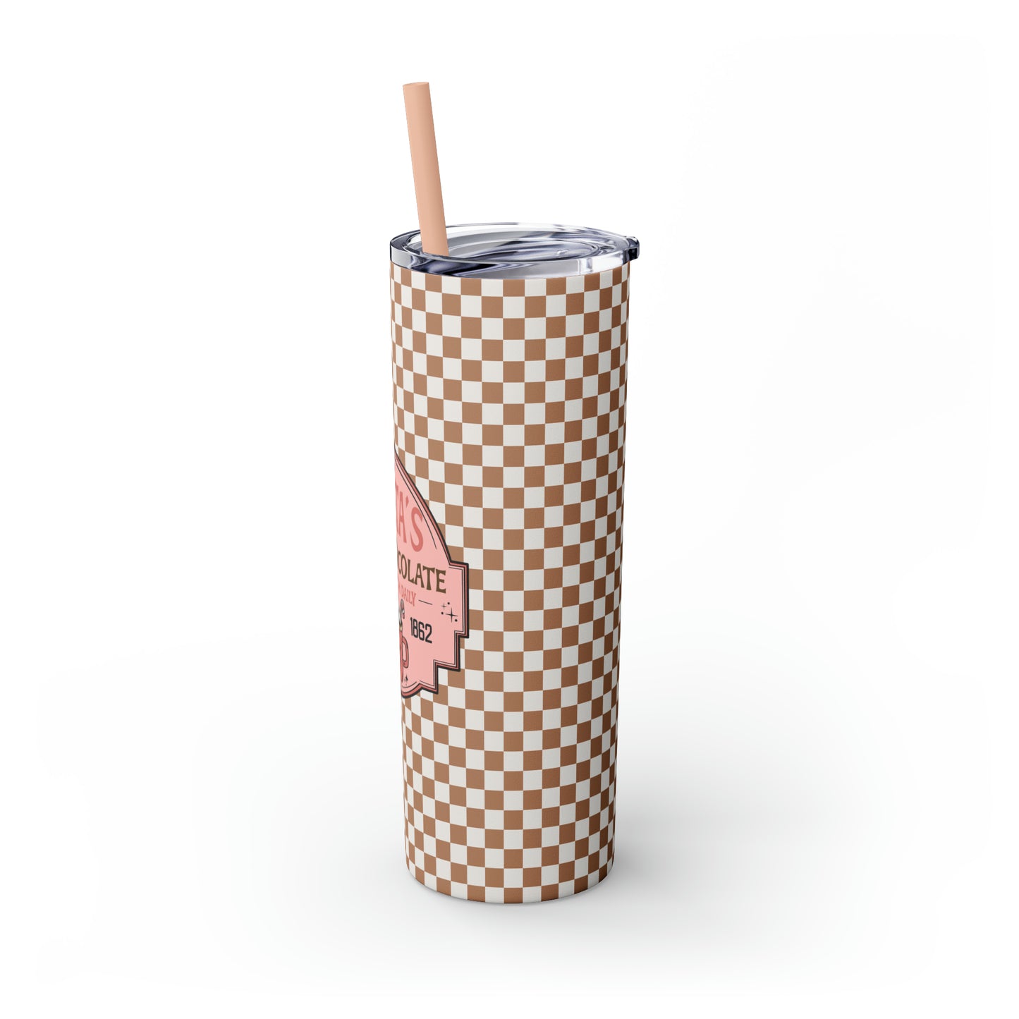 Santa's Hot Chocolate Brown Checkerboard Christmas/ Holiday Skinny Tumbler with Pick your Color Straw, 20oz