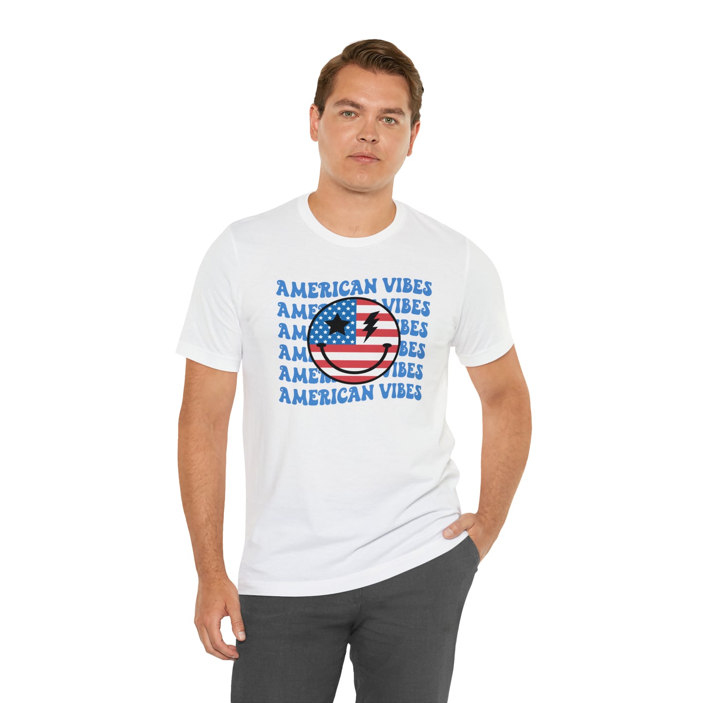 USA American Vibes American Flag Smiley Face Unisex Jersey Short Sleeve Tee