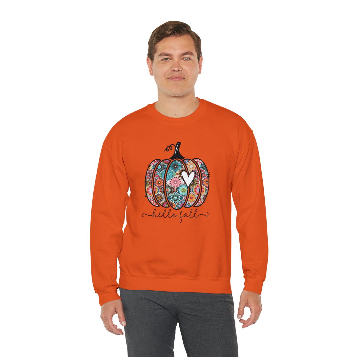 Hello Fall Print Pumpkin Fall Halloween Retro Warm Colored  Unisex Heavy Blend™ Crewneck Sweatshirt