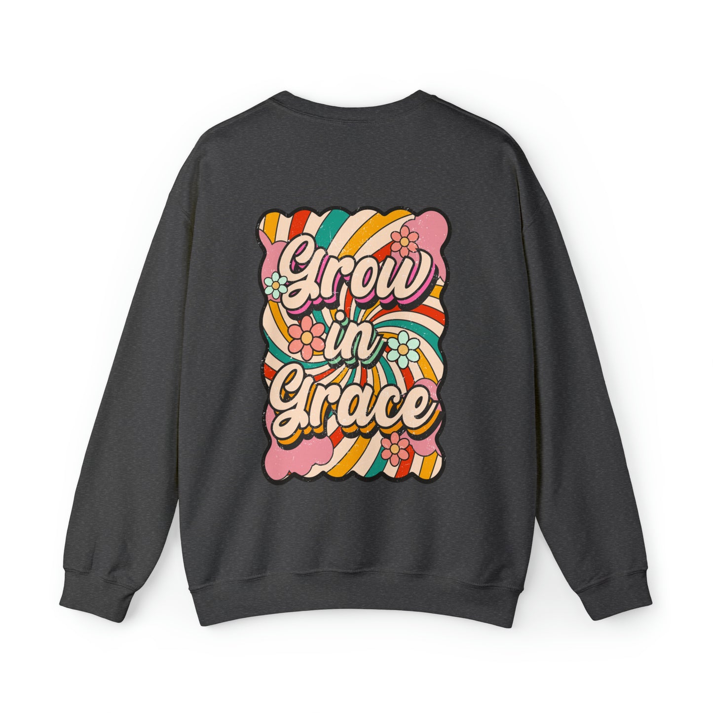 Vintage Grow in Grace with Cross Boho Color Print -  Front and Back Design Heavy Blend™ Crewneck Sweatshirt