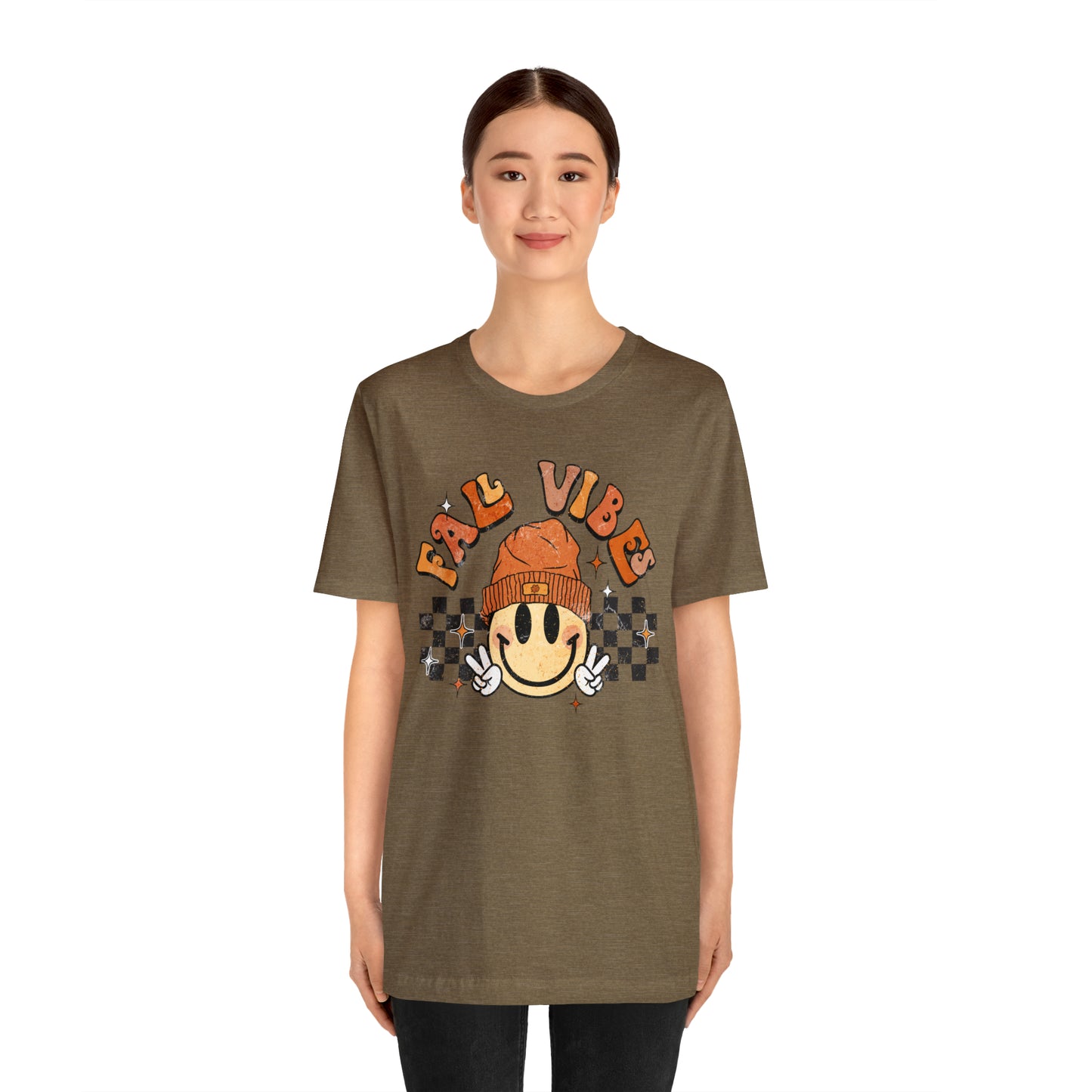 Distressed Halloween Fall Vibes Smiley Face with Beanie and Peace Sign T-Shirt