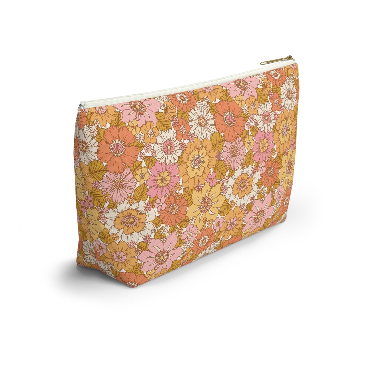 Peachy Golden Retro Floral Print Design Accessory Pouch w T-bottom