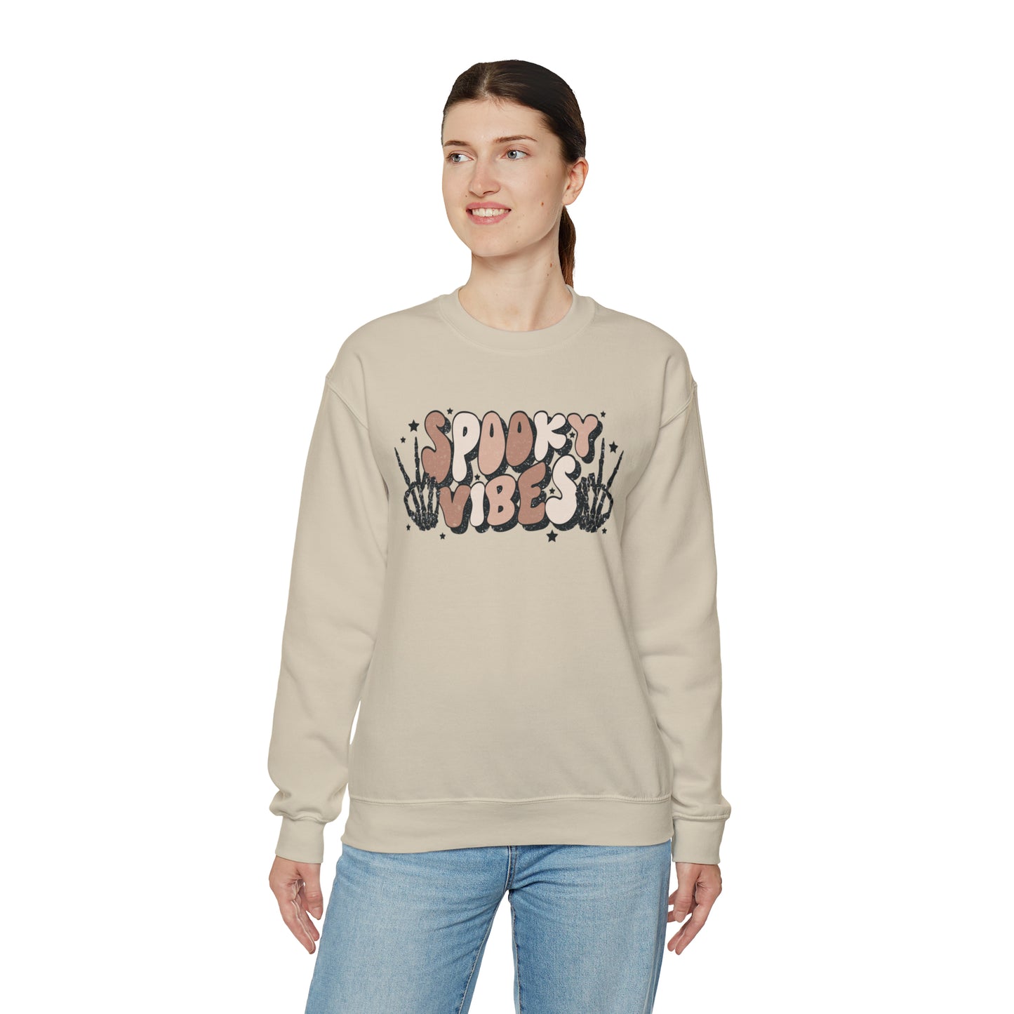 Spooky Vibes Skeleton Hands Fall Halloween Retro Warm Colored  Unisex Heavy Blend™ Crewneck Sweatshirt