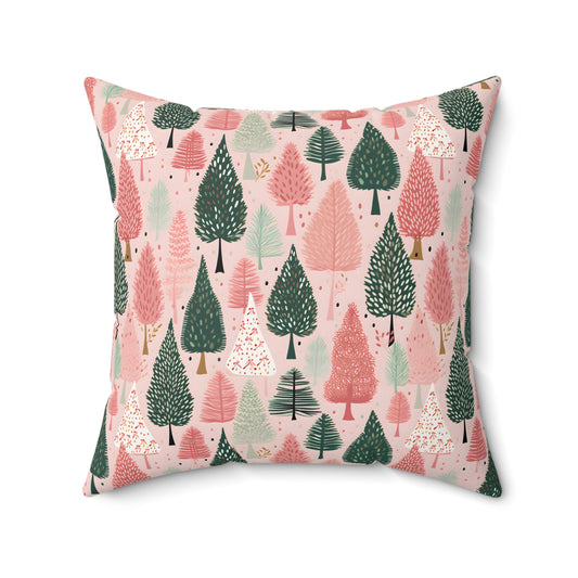 Boho Pink and Green Christmas Tree Print/ Holiday Polyester Square Pillow