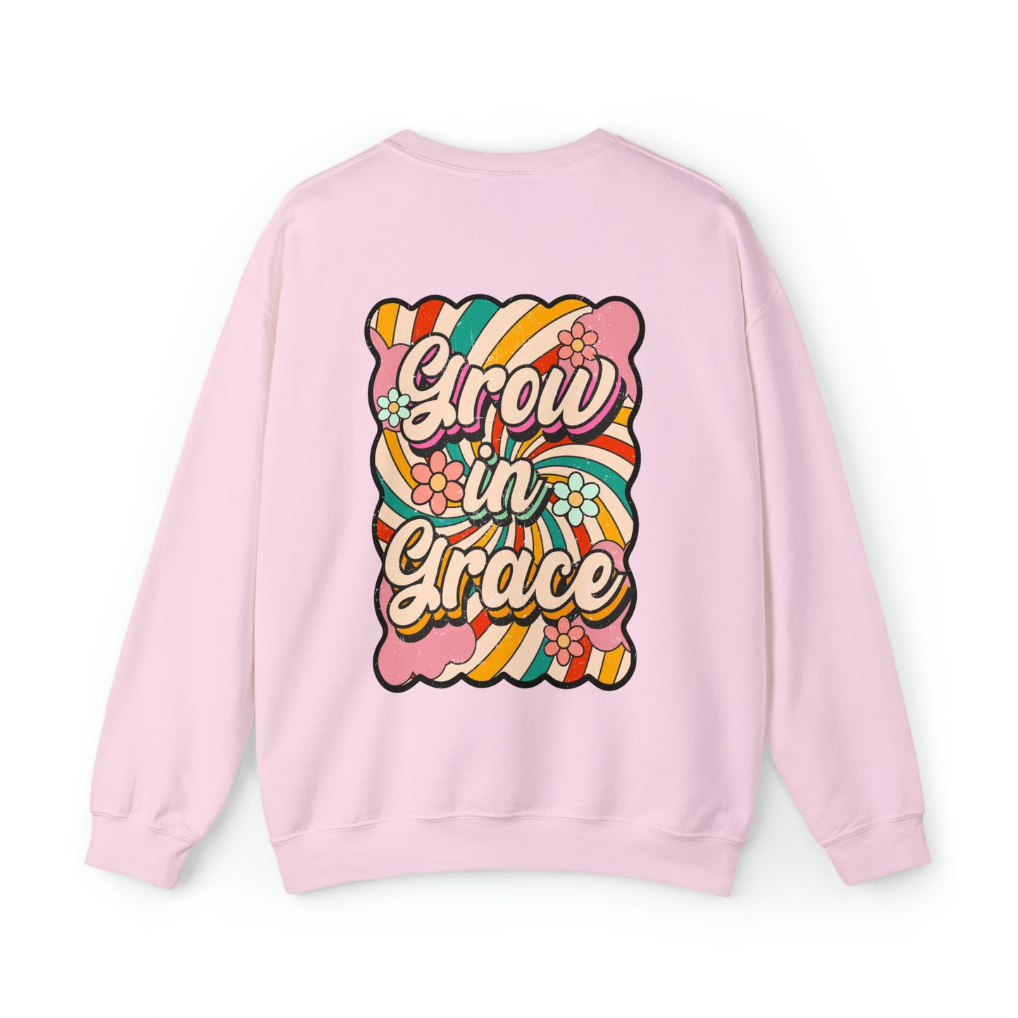 Vintage Grow in Grace with Cross Boho Color Print -  Front and Back Design Heavy Blend™ Crewneck Sweatshirt