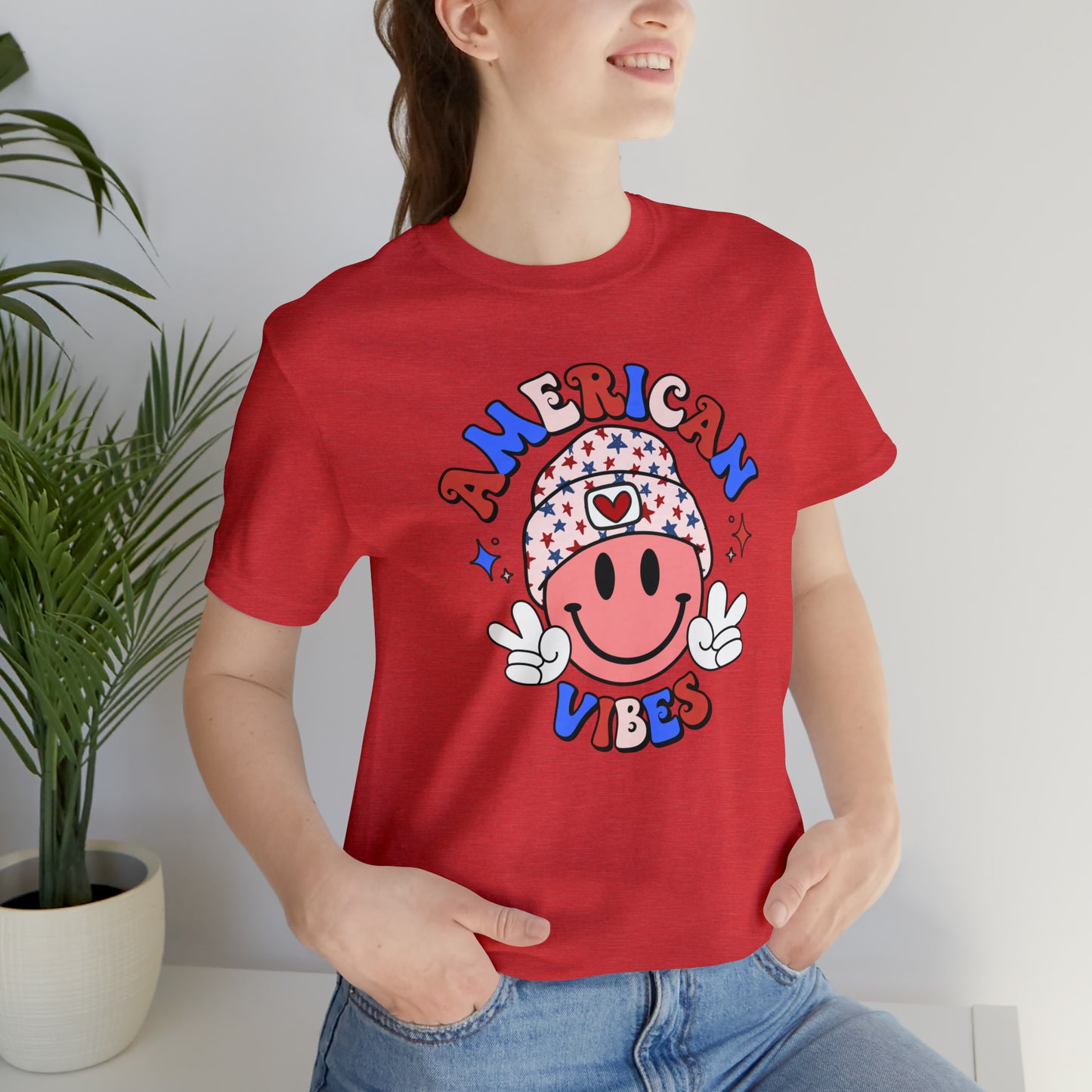 American Vibes USA Smiley Face with Stars Beanie with two hand peace signs Unisex Jersey Short Sleeve Tee