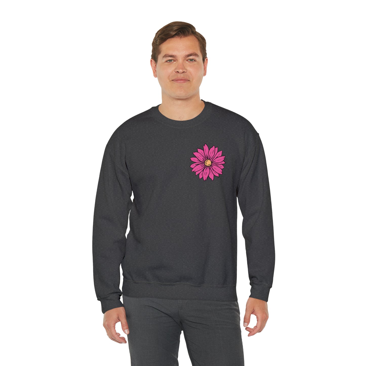 FRONT AND BACK DESIGN Positive Energy (Flower on Front and Message on Back) Font Heavy Blend™ Crewneck Sweatshirt