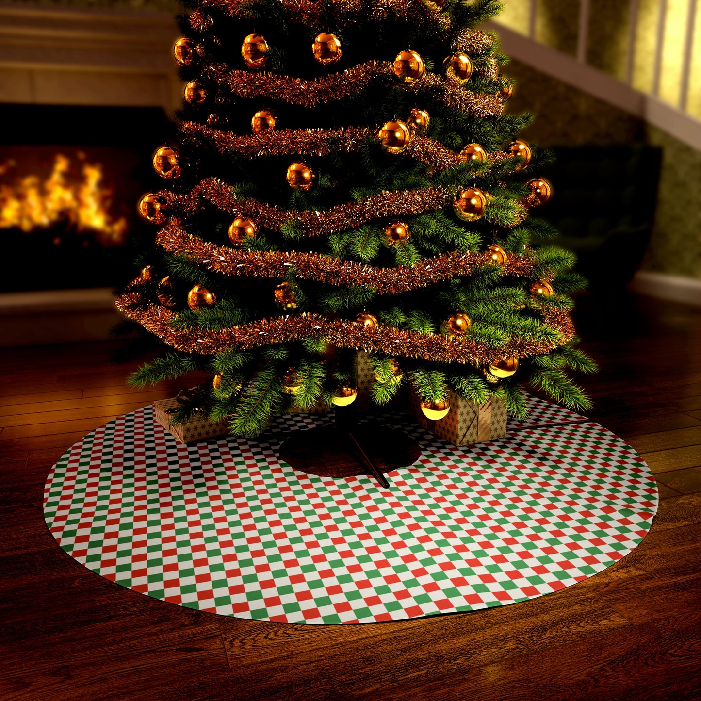 Red and Green Christmas Checkerboard Round Tree Skirt