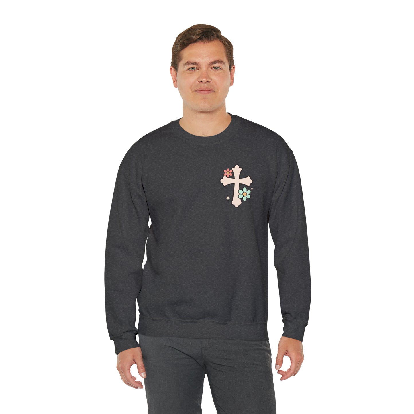 Vintage Grow in Grace with Cross Boho Color Print -  Front and Back Design Heavy Blend™ Crewneck Sweatshirt